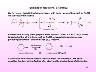 23
We have seen that alkyl halides may react with basic nucleophiles such as NaOH
via substitution reactions.
Also recall our study of the preparation of alkenes. When a 2° or 3° alkyl halide
is treated with a strong base such as NaOH, dehydrohalogenation occurs
producing an alkene – an elimination (E2) reaction.
bromocyclohexane + KOH → cyclohexene (80 % yield)
Substitution and elimination reactions are often in competition. We shall
consider the determining factors after studying the mechanisms of elimination.
Elimination Reactions, E1 and E2:
Br
KOH in ethanol + KBr + H2O
-HBr
O H
..
..
: C Br
..
.. :
H
H
H
+
transition state
C Br
..
.. :
H H
H
OH
..
..
+
..
.. :Br:C
H
H
H
OH
..
..
 