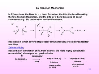 25
In E2 reactions, the Base to H σ bond formation, the C to H σ bond breaking,
the C to C π bond formation, and the C to Br σ bond breaking all occur
simultaneously. No carbocation intermediate forms.
Reactions in which several steps occur simultaneously are called ‘concerted’
reactions.
Zaitsev’s Rule:
Recall that in elimination of HX from alkenes, the more highly substituted
(more stable) alkene product predominates.
E2 Reaction Mechanism
B:
-
C
H
C
R
R
X
B
R
R
H
C CR
R
R
R X
δ
+
-
δ
C C
R R
R
R
+ B H + X
-
CH3CH2CHCH3
Br CH3CH2O
-
Na
+
EtOH
CH3CH CHCH3 + CH3CH2CH CH2
2-butene 1-butene
major product
( > 80%)
minor product
( < 20%)
 