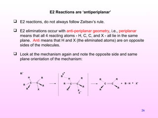 26
 E2 reactions, do not always follow Zaitsev’s rule.
 E2 eliminations occur with anti-periplanar geometry, i.e., periplanar
means that all 4 reacting atoms - H, C, C, and X - all lie in the same
plane. Anti means that H and X (the eliminated atoms) are on opposite
sides of the molecules.
 Look at the mechanism again and note the opposite side and same
plane orientation of the mechanism:
E2 Reactions are ‘antiperiplanar’
B:
-
C
H
C
R
R
X
B
R
R
H
C CR
R
R
R X
δ
+
-
δ
C C
R R
R
R
+ B H + X
-
 