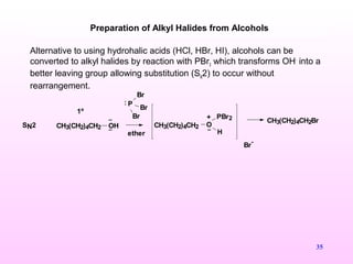 35
Alternative to using hydrohalic acids (HCl, HBr, HI), alcohols can be
converted to alkyl halides by reaction with PBr3 which transforms OH-
into a
better leaving group allowing substitution (SN
2) to occur without
rearrangement.
Preparation of Alkyl Halides from Alcohols
SN2 CH3(CH2)4CH2 OH
P
Br
Br
Br
:
ether
CH3(CH2)4CH2 O
PBr2
..
..
..
+
H
Br
-
CH3(CH2)4CH2Br
1º
 