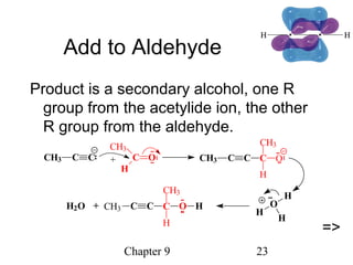 Chapter 9 23
Add to Aldehyde
Product is a secondary alcohol, one R
group from the acetylide ion, the other
R group from the aldehyde.
+ C O
CH3
H
CH3 C C CH3 C C C
CH3
H
O
=>
+H2O O
H
H
H
CH3 C C C O H
CH3
H
 