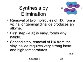 Chapter 9 25
Synthesis by
Elimination
• Removal of two molecules of HX from a
vicinal or geminal dihalide produces an
alkyne.
• First step (-HX) is easy, forms vinyl
halide.
• Second step, removal of HX from the
vinyl halide requires very strong base
and high temperatures.
=>
 