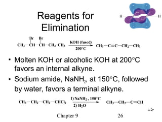 Chapter 9 26
Reagents for
Elimination
• Molten KOH or alcoholic KOH at 200°C
favors an internal alkyne.
• Sodium amide, NaNH2, at 150°C, followed
by water, favors a terminal alkyne.
CH3 C C CH2 CH3
200°C
KOH (fused)
CH3 CH CH CH2 CH3
Br Br
=>
, 150°C
CH3 CH2 C CH
H2O2)
NaNH21)
CH3 CH2 CH2 CHCl2
 