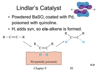 Chapter 9 30
Lindlar’s Catalyst
• Powdered BaSO4 coated with Pd,
poisoned with quinoline.
• H2 adds syn, so cis-alkene is formed.
=>
 