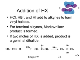 Chapter 9 34
Addition of HX
• HCl, HBr, and HI add to alkynes to form
vinyl halides.
• For terminal alkynes, Markovnikov
product is formed.
• If two moles of HX is added, product is
a geminal dihalide.
CH3 C C H CH3 C CH2
Br
HBr HBr
CH3 C CH3
Br
Br
=>
 