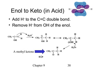 Chapter 9 38
Enol to Keto (in Acid)
• Add H+
to the C=C double bond.
• Remove H+
from OH of the enol.
CH3 C C
OH
H
H
H
H2O
CH3 C C
O
H
H
H
CH3 C
H
H
C
OH
H3O
+
CH3 C C
OH
H
H
H
A methyl ketone
=>
 
