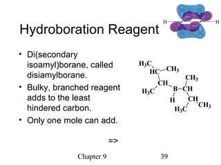 Chapter 9 39
Hydroboration Reagent
• Di(secondary
isoamyl)borane, called
disiamylborane.
• Bulky, branched reagent
adds to the least
hindered carbon.
• Only one mole can add.
=>
B
CH
CH
H
CH3
CH
CH3
H3C
H3C
HC CH3
H3C
 