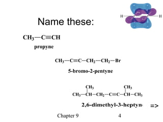 Chapter 9 4
Name these:
CH3 CH
CH3
CH2 C C CH
CH3
CH3
CH3 C C CH2 CH2 Br
CH3 C CH
propyne
5-bromo-2-pentyne
2,6-dimethyl-3-heptyne =>
 
