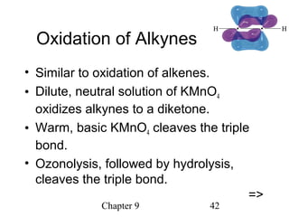 Chapter 9 42
Oxidation of Alkynes
• Similar to oxidation of alkenes.
• Dilute, neutral solution of KMnO4
oxidizes alkynes to a diketone.
• Warm, basic KMnO4 cleaves the triple
bond.
• Ozonolysis, followed by hydrolysis,
cleaves the triple bond.
=>
 