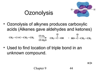 Chapter 9 44
Ozonolysis
• Ozonolysis of alkynes produces carboxylic
acids (Alkenes gave aldehydes and ketones)
• Used to find location of triple bond in an
unknown compound.
=>
HO C
O
CH2 CH3CH3 C
O
OH
H2O(2)
O3(1)
CH3 C C CH2 CH3 +
 