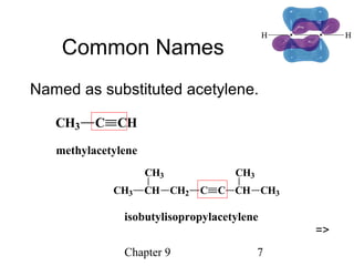 Chapter 9 7
Common Names
Named as substituted acetylene.
CH3 C CH
methylacetylene
CH3 CH
CH3
CH2 C C CH
CH3
CH3
isobutylisopropylacetylene
=>
 