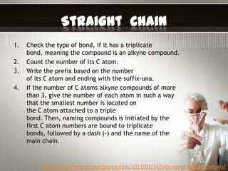 Straight Chain
1.   Check the type of bond, if it has a triplicate
     bond, meaning the compound is an alkyne compound.
2.   Count the number of its C atom.
3.   Write the prefix based on the number
     of its C atom and ending with the suffix-una.
4.   If the number of C atoms alkyne compounds of more
     than 3, give the number of each atom in such a way
     that the smallest number is located on
     the C atom attached to a triple
     bond. Then, naming compounds is initiated by the
     first C atom numbers are bound to triplicate
     bonds, followed by a dash (-) and the name of the
     main chain.


         http://smartchemistry.wordpress.com/2012/02/14/tata-nama-senyawa-alkuna/
 