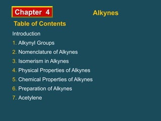 Chapter 4 Alkynes
Introduction
1. Alkynyl Groups
2. Nomenclature of Alkynes
3. Isomerism in Alkynes
4. Physical Properties of Alkynes
5. Chemical Properties of Alkynes
6. Preparation of Alkynes
7. Acetylene
Table of Contents
 