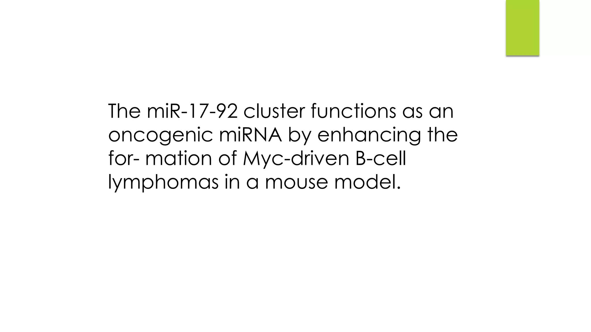 The miR-17-92 cluster functions as an
oncogenic miRNA by enhancing the
for- mation of Myc-driven B-cell
lymphomas in a mouse model.
 