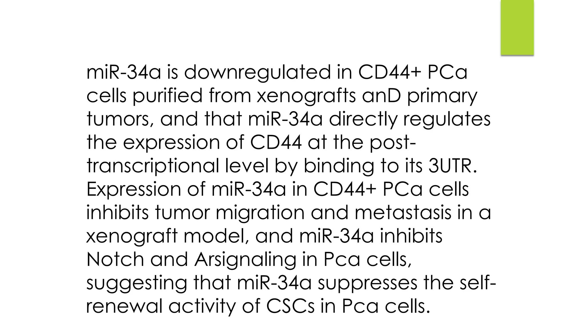 miR-34a is downregulated in CD44+ PCa
cells purified from xenografts anD primary
tumors, and that miR-34a directly regulates
the expression of CD44 at the post-
transcriptional level by binding to its 3UTR.
Expression of miR-34a in CD44+ PCa cells
inhibits tumor migration and metastasis in a
xenograft model, and miR-34a inhibits
Notch and Arsignaling in Pca cells,
suggesting that miR-34a suppresses the self-
renewal activity of CSCs in Pca cells.
 