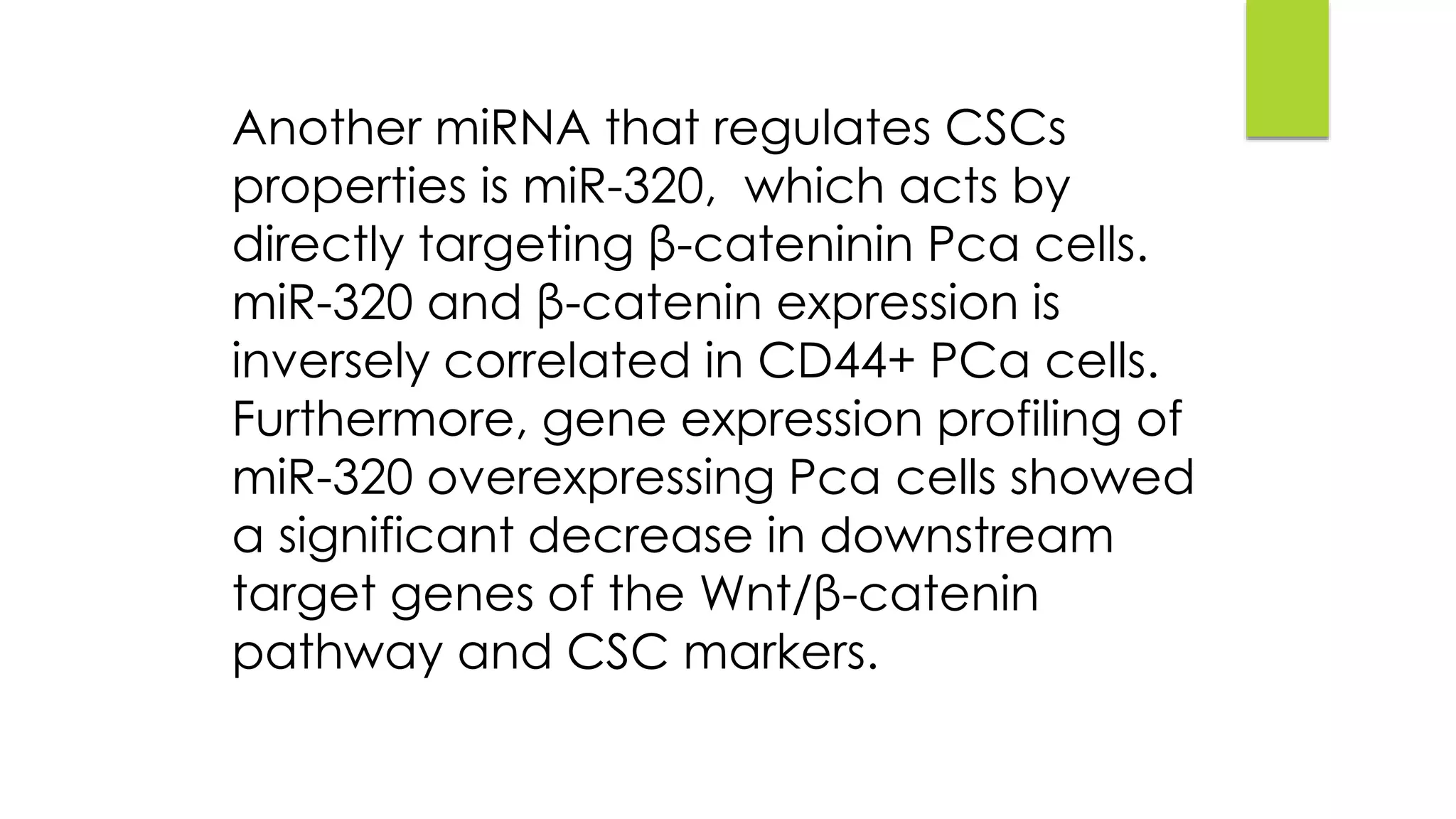 Another miRNA that regulates CSCs
properties is miR-320, which acts by
directly targeting β-cateninin Pca cells.
miR-320 and β-catenin expression is
inversely correlated in CD44+ PCa cells.
Furthermore, gene expression profiling of
miR-320 overexpressing Pca cells showed
a significant decrease in downstream
target genes of the Wnt/β-catenin
pathway and CSC markers.
 