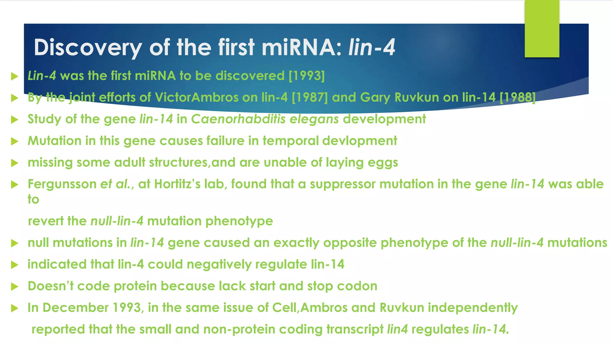 Discovery of the first miRNA: lin-4
 Lin-4 was the first miRNA to be discovered [1993]
 By the joint efforts of VictorAmbros on lin-4 [1987] and Gary Ruvkun on lin-14 [1988]
 Study of the gene lin-14 in Caenorhabditis elegans development
 Mutation in this gene causes failure in temporal devlopment
 missing some adult structures,and are unable of laying eggs
 Fergunsson et al., at Hortitz’s lab, found that a suppressor mutation in the gene lin-14 was able
to
revert the null-lin-4 mutation phenotype
 null mutations in lin-14 gene caused an exactly opposite phenotype of the null-lin-4 mutations
 indicated that lin-4 could negatively regulate lin-14
 Doesn’t code protein because lack start and stop codon
 In December 1993, in the same issue of Cell,Ambros and Ruvkun independently
reported that the small and non-protein coding transcript lin4 regulates lin-14.
 