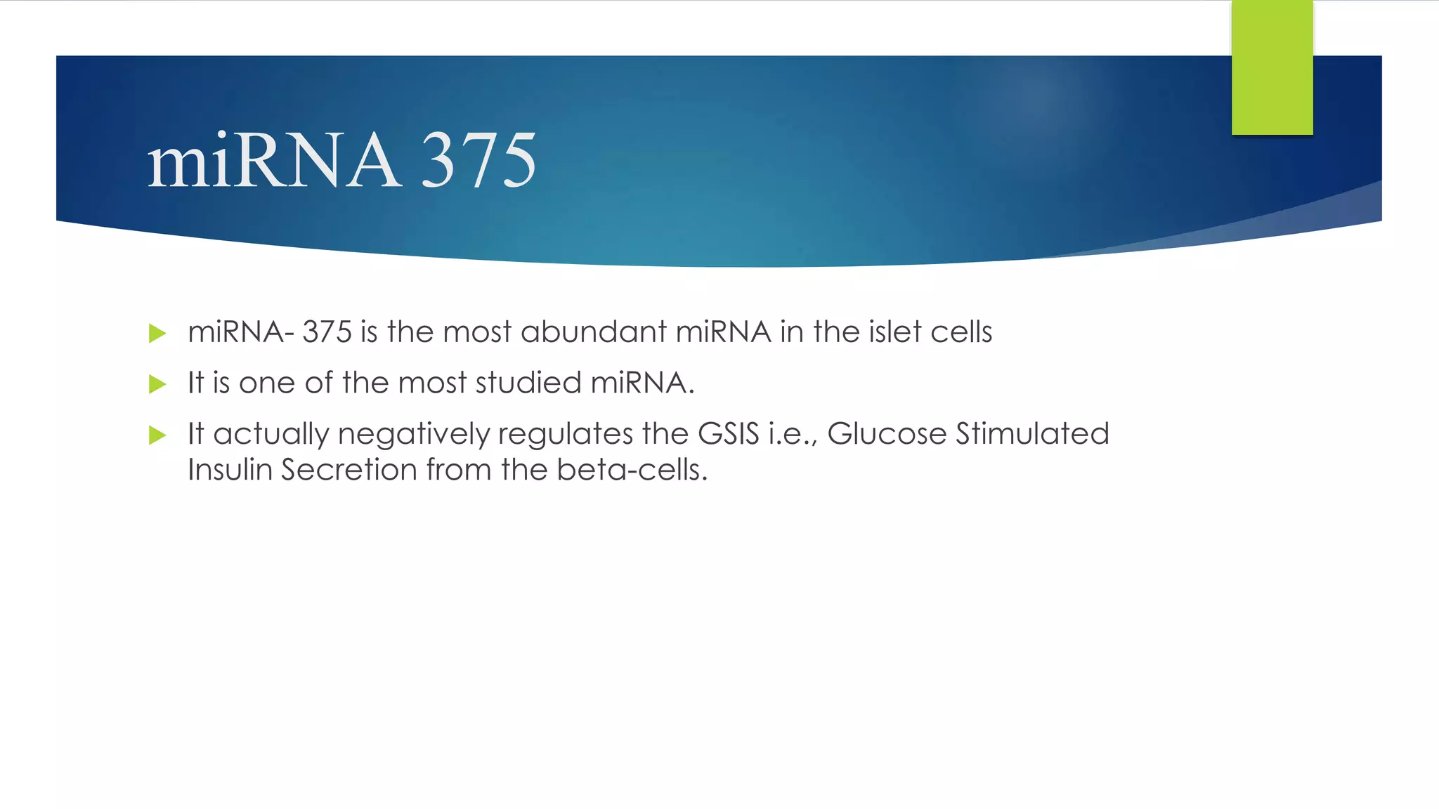 miRNA 375
 miRNA- 375 is the most abundant miRNA in the islet cells
 It is one of the most studied miRNA.
 It actually negatively regulates the GSIS i.e., Glucose Stimulated
Insulin Secretion from the beta-cells.
 