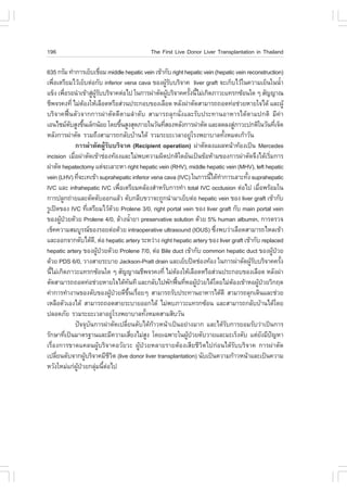 196                                            The .irst Live Donor Liver Transplantation in Thailand

635 ¡ÃÑÁ ·íÒ¡ÒÃàÂçºàª×ÍÁ middle hepatic vein à¢ŒÒ¡Ñº right hepatic vein (hepatic vein reconstruction)
                                        è
à¾×ÍàµÃÕÂÁäÇŒàÂçºµ‹Í¡Ñº inferior vena cava ¢Í§¼ÙÃººÃÔ¨Ò¤ liver graft ¨Ðà¡çºäÇŒã¹¤ÇÒÁàÂç¹ã¹¹éÒ
     è                                                           ŒÑ                                      í
á¢ç§ à¾×ÍÃÍ¹íÒà¢ŒÒÊÙ¼ÃººÃÔ¨Ò¤µ‹Íä» ã¹¡ÒÃ¼‹ÒµÑ´¼ÙºÃÔ¨Ò¤¤ÃÑ§¹ÕäÁ‹à¡Ô´ÀÒÇÐá·Ã¡«ŒÍ¹ã´ æ ÊÑ­­Ò³
           è                     ‹ ÙŒ Ñ                          Œ         é é
ªÕ¾¨Ã¤§·Õè äÁ‹µÍ§ãËŒàÅ×Í´ËÃ×ÍÊ‹Ç¹»ÃÐ¡Íº¢Í§àÅ×Í´ ËÅÑ§¼‹ÒµÑ´ÊÒÁÒÃ¶¶Í´·‹Íª‹ÇÂËÒÂã¨ä´Œ áÅÐ¼ÙŒ
                         Œ
ºÃÔ¨Ò¤¿„œ¹µÑÇ¨Ò¡¡ÒÃ¼‹ÒµÑ´´ÕµÒÁÅíÒ´Ñº ÊÒÁÒÃ¶ÅØ¡¹Ñè§áÅÐÃÑº»ÃÐ·Ò¹ÍÒËÒÃä´ŒµÒÁ»¡µÔ ÁÕ¤‹Ò
àÍ¹ä«ÁµºÊÙ§¢Ö¹àÅç¡¹ŒÍÂ â´Â¢Ö¹ÊÙ§ÊØ´ÀÒÂã¹ÇÑ¹·ÕÊÍ§ËÅÑ§¡ÒÃ¼‹ÒµÑ´ áÅÐÅ´Å§ÊÙÀÒÇÐ»¡µÔã¹ÇÑ¹·Õà¨ç´
               Ñ           é                     é             è                       ‹               è
ËÅÑ§¡ÒÃ¼‹ÒµÑ´ ÃÇÁ¶Ö§ÊÒÁÒÃ¶¡ÅÑººŒÒ¹ä´Œ ÃÇÁÃÐÂÐàÇÅÒÍÂÙâÃ§¾ÂÒºÒÅ·Ñ§ËÁ´à¡ŒÒÇÑ¹  ‹      é
                   ¡ÒÃ¼‹ÒµÑ´¼ÙŒÃÑººÃÔ¨Ò¤ (Recipient operation) ¼‹ÒµÑ´Å§á¼ÅË¹ŒÒ·ŒÍ§à»š¹ Mercedes
incision àÁ×Í¼‹ÒµÑ´à¢ŒÒª‹Í§·ŒÍ§áÅÐäÁ‹¾º¤ÇÒÁ¼Ô´»¡µÔã´ÍÑ¹à»š¹¢ŒÍËŒÒÁ¢Í§¡ÒÃ¼‹ÒµÑ´¨Ö§ä´ŒàÃÔÁ¡ÒÃ
                 è                                                                                 è
¼‹ÒµÑ´ hepatectomy áµ‹¨ÐàÅÒÐËÒ right hepatic vein (RHV), middle hepatic vein (MHV), left hepatic
vein (LHV) ·Õ¨Ðà·à¢ŒÒ suprahepatic inferior vena cava (IVC) ã¹¡ÒÃ¹Õä´Œ·Ò¡ÒÃàÅÒÐ·Ñ§ suprahepatic
                      è                                                        é í       é
IVC áÅÐ infrahepatic IVC à¾×ÍàµÃÕÂÁ¤ÅŒÍ§ÊíÒËÃÑº¡ÒÃ·íÒ total IVC occlusion µ‹Íä» àÁ×Í¾ÃŒÍÁã¹
                                               è                                               è
¡ÒÃ»ÅÙ¡¶‹ÒÂáÅÐµÑ´µÑºÍÍ¡áÅŒÇ µÑº¡ÅÕº¢ÇÒ¨Ð¶Ù¡¹íÒÁÒàÂçºµ‹Í hepatic vein ¢Í§ liver graft à¢ŒÒ¡Ñº
ÃÙà»´¢Í§ IVC ·ÕàµÃÕÂÁäÇŒ´ÇÂ Prolene 3/0, right portal vein ¢Í§ liver graft ¡Ñº main portal vein
                               è           Œ
¢Í§¼Ù»ÇÂ´ŒÇÂ Prolene 4/0, ÅŒÒ§¹éÒÂÒ preservative solution ´ŒÇÂ 5% human albumin, ¡ÒÃµÃÇ¨
         Œ †                                           í
àªç¤¤ÇÒÁÊÁºÙÃ³¢Í§ÃÍÂµ‹Í´ŒÇÂ intraoperative ultrasound (IOUS) «Ö§¾ºÇ‹ÒàÅ×Í´ÊÒÁÒÃ¶äËÅà¢ŒÒ
                                                                                è
áÅÐÍÍ¡¨Ò¡µÑºä´Œ´,Õ µ‹Í hepatic artery ÃÐËÇ‹Ò§ right hepatic artery ¢Í§ liver graft à¢ŒÒ¡Ñº replaced
hepatic artery ¢Í§¼Ù»ÇÂ´ŒÇÂ Prolene 7/0, µ‹Í Bile duct à¢ŒÒ¡Ñº common hepatic duct ¢Í§¼Ù»ÇÂ
                                     Œ †                                                             Œ †
´ŒÇÂ PDS 6/0, ÇÒ§ÊÒÂÃÐºÒÂ Jackson-Pratt drain áÅÐàÂçº»´ª‹Í§·ŒÍ§ ã¹¡ÒÃ¼‹ÒµÑ´¼ÙÃººÃÔ¨Ò¤¤ÃÑ§ ŒÑ              é
¹ÕäÁ‹à¡Ô´ÀÒÇÐá·Ã¡«ŒÍ¹ã´ æ ÊÑ­­Ò³ªÕ¾¨Ã¤§·Õè äÁ‹µÍ§ãËŒàÅ×Í´ËÃ×ÍÊ‹Ç¹»ÃÐ¡Íº¢Í§àÅ×Í´ ËÅÑ§¼‹Ò
   é                                                                Œ
µÑ´ÊÒÁÒÃ¶¶Í´·‹Íª‹ÇÂËÒÂã¨ä´Œ·¹·Õ áÅÐ¡ÅÑºä»¾Ñ¡¿„¹·ÕËÍ¼Ù»ÇÂä´Œâ´ÂäÁ‹µÍ§à¢ŒÒËÍ¼Ù»ÇÂÇÔ¡Äµ
                                                     Ñ                œ è Œ †        Œ        Œ †
¤‹Ò¡ÒÃ·íÒ§Ò¹¢Í§µÑº¢Í§¼Ù»ÇÂ´Õ¢¹àÃ×ÍÂæ ÊÒÁÒÃ¶ÃÑº»ÃÐ·Ò¹ÍÒËÒÃä´Œ´Õ ÊÒÁÒÃ¶ÅØ¡à´Ô¹áÅÐª‹ÇÂ
                                          Œ †      Öé è
àËÅ×ÍµÑÇàÍ§ä´Œ ÊÒÁÒÃ¶¶Í´ÊÒÂÃÐºÒÂÍÍ¡ä´Œ äÁ‹¾ºÀÒÇÐá·Ã¡«ŒÍ¹ áÅÐÊÒÁÒÃ¶¡ÅÑººŒÒ¹ä´Œâ´Â
»ÅÍ´ÀÑÂ ÃÇÁÃÐÂÐàÇÅÒÍÂÙâÃ§¾ÂÒºÒÅ·Ñ§ËÁ´ÊÒÁÊÔºÇÑ¹
                                             ‹             é
                   »˜¨¨ØºÑ¹¡ÒÃ¼‹ÒµÑ´à»ÅÕèÂ¹µÑºä´Œ¡ŒÒÇË¹ŒÒà»š¹ÍÂ‹Ò§ÁÒ¡ áÅÐä´ŒÃÑº¡ÒÃÂÍÁÃÑºÇ‹Òà»š¹¡ÒÃ
ÃÑ¡ÉÒ·Õà»š¹ÁÒµÃ°Ò¹áÅÐÁÕ¤ÇÒÁàÊÕÂ§äÁ‹Ê§ â´Âà©¾ÒÐã¹¼Ù»ÇÂµÑºÇÒÂáÅÐÁÐàÃç§µÑº áµ‹Â§ÁÕ»­ËÒ
             è                                           è   Ù           Œ †                     Ñ ˜
àÃ×èÍ§¡ÒÃ¢Ò´á¤Å¹¼ÙŒºÃÔ¨Ò¤ÍÇÑÂÇÐ ¼ÙŒ»†ÇÂËÅÒÂÃÒÂµŒÍ§àÊÕÂªÕÇÔµä»¡‹Í¹ä´ŒÃÑººÃÔ¨Ò¤ ¡ÒÃ¼‹ÒµÑ´
à»ÅÕÂ¹µÑº¨Ò¡¼ÙºÃÔ¨Ò¤ÁÕªÇµ (live donor liver transplantation) ¹Ñºà»š¹¤ÇÒÁ¡ŒÒÇË¹ŒÒáÅÐà»š¹¤ÇÒÁ
       è                     Œ            ÕÔ
ËÇÑ§ãËÁ‹á¡‹¼»ÇÂ¡ÅØÁ¹ÕµÍä»
                    ÙŒ †           ‹ é ‹
 