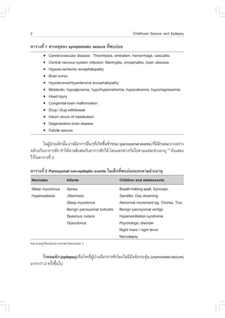 2                                                           Childhood Seizure and Epilepsy

µÒÃÒ§·Õè 1 ÊÒàËµØ¢Í§ symptomatic seizure ·Õè¾ºº‹ÍÂ
       !   Cerebrovascular disease: Thrombosis, embolism, hemorrhage, vasculitis
       !   Central nervous system infection: Meningitis, encephalitis, brain abscess
       !   Hypoxic-ischemic encephalopathy
       !   Brain tumor
       !   Hypotensive/Hypertensive encephalopathy
       !   Metabolic: hypoglycemia, hypo/hypernatremia, hypocalcemia, hypomagnesemia
       !   Head injury
       !   Congenital brain malformation
       !   Drug / drug withdrawal
       !   Inborn errors of metabolism
       !   Degenerative brain disease
       !   .ebrile seizure

        ã¹¼Ù»ÇÂà´ç¡¹Ñ¹ ÍÒ¨ÁÕÍÒ¡ÒÃÍ×¹æ·Õà¡Ô´¢Ö¹ªÑÇ¢³Ð (paroxysmal events) ·ÕÁÅ¡É³ÐºÒ§ÍÂ‹Ò§
            Œ †      é             è è é è                                 è ÕÑ
¤ÅŒÒÂ¡ÑºÍÒ¡ÒÃªÑ¡ ·íÒãËŒÍÒ¨ÊÑºÊ¹¡ÑºÍÒ¡ÒÃªÑ¡ä´Œ â´Âáµ¡µ‹Ò§¡Ñ¹ä»µÒÁáµ‹ÅÐª‹Ç§ÍÒÂØ (1) ´Ñ§áÊ´§
äÇŒã¹µÒÃÒ§·Õè 2

µÒÃÒ§·Õè 2 Paroxysmal non-epileptic events ã¹à´ç¡·Õ¾ºº‹ÍÂáÂ¡µÒÁª‹Ç§ÍÒÂØ
                                                   è
Neonates              Infants                        Children and adolescents
Sleep myoclonus       Apnea                          Breath-holding spell, Syncope,
Hyperexplexia         Jitteriness                    Sandifer, Day dreaming
                      Sleep myoclonus                Abnormal movement eg. Chorea, Tics
                      Benign paroxysmal torticolis   Benign paroxysmal vertigo
                      Spasmus nutans                 Hyperventilation syndrome
                      Opsoclonus                     Psychologic disorder
                                                     Night mare / night terror
                                                     Narcolepsy
ËÁÒÂàËµØ ´´á»Å§¨Ò¡àÍ¡ÊÒÃËÁÒÂàÅ¢ 1
          Ñ


       âÃ¤ÅÁªÑ¡ (epilepsy) ¤×ÍâÃ¤·Õ¼»ÇÂÁÕÍÒ¡ÒÃªÑ¡â´ÂäÁ‹Á»¨¨ÑÂ¡ÃÐµØ¹ (unprovoked seizure)
                                   è ÙŒ †               Õ ˜       Œ
ÁÒ¡¡Ç‹Ò 2 ¤ÃÑ§¢Ö¹ä»
             é é
 
