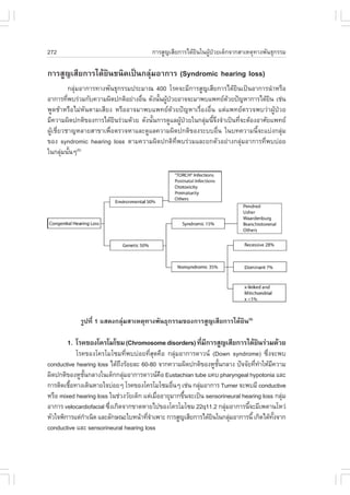 272                                     ¡ÒÃÊÙ­àÊÕÂ¡ÒÃä´ŒÂ¹ã¹¼Ù»ÇÂà´ç¡¨Ò¡ÊÒàËµØ·Ò§¾Ñ¹¸Ø¡ÃÃÁ
                                                         Ô    Œ †

¡ÒÃÊÙ­àÊÕÂ¡ÒÃä´ŒÂÔ¹ª¹Ô´à»š¹¡ÅØ‹ÁÍÒ¡ÒÃ (Syndromic hearing loss)
            ¡ÅØ‹ÁÍÒ¡ÒÃ·Ò§¾Ñ¹¸Ø¡ÃÃÁ»ÃÐÁÒ³ 400 âÃ¤¨ÐÁÕ¡ÒÃÊÙ­àÊÕÂ¡ÒÃä´ŒÂÔ¹à»š¹ÍÒ¡ÒÃ¹íÒËÃ×Í
ÍÒ¡ÒÃ·Õ¾ºÃ‹ÇÁ¡Ñº¤ÇÒÁ¼Ô´»¡µÔÍÂ‹Ò§Í×¹ ´Ñ§¹Ñ¹¼Ù»ÇÂÍÒ¨¨ÐÁÒ¾ºá¾·Â´ÇÂ»˜­ËÒ¡ÒÃä´ŒÂ¹ àª‹¹
          è                          è    é Œ †                  Œ               Ô
¾Ù´ªŒÒËÃ×ÍäÁ‹ËÑ¹µÒÁàÊÕÂ§ ËÃ×ÍÍÒ¨ÁÒ¾ºá¾·Â´ŒÇÂ»˜­ËÒàÃ×èÍ§Í×è¹ áµ‹á¾·ÂµÃÇ¨¾ºÇ‹Ò¼ÙŒ»†ÇÂ
ÁÕ¤ÇÒÁ¼Ô´»¡µÔ¢Í§¡ÒÃä´ŒÂ¹Ã‹ÇÁ´ŒÇÂ ´Ñ§¹Ñ¹¡ÒÃ´ÙáÅ¼Ù»ÇÂã¹¡ÅØÁ¹Õ¨§¨íÒà»š¹·Õ¨ÐµŒÍ§ÍÒÈÑÂá¾·Â
                            Ô           é        Œ †      ‹ éÖ         è
¼ÙŒàªÕèÂÇªÒ­ËÅÒÂÊÒ¢Òà¾×èÍµÃÇ¨ËÒáÅÐ´ÙáÅ¤ÇÒÁ¼Ô´»¡µÔ¢Í§ÃÐººÍ×è¹ ã¹º·¤ÇÒÁ¹Õé¨Ðáº‹§¡ÅØ‹Á
¢Í§ syndromic hearing loss µÒÁ¤ÇÒÁ¼Ô´»¡µÔ·Õè¾ºÃ‹ÇÁáÅÐÂ¡µÑÇÍÂ‹Ò§¡ÅØ‹ÁÍÒ¡ÒÃ·Õè¾ºº‹ÍÂ
ã¹¡ÅØÁ¹Ñ¹æ(6)
        ‹ é




            ÃÙ»·Õè 1 áÊ´§¡ÅØ‹ÁÊÒàËµØ·Ò§¾Ñ¹¸Ø¡ÃÃÁ¢Í§¡ÒÃÊÙ­àÊÕÂ¡ÒÃä´ŒÂÔ¹(5)

       1. âÃ¤¢Í§â¤ÃâÁâ«Á (Chromosome disorders) ·ÕÁ¡ÒÃÊÙ­àÊÕÂ¡ÒÃä´ŒÂ¹Ã‹ÇÁ´ŒÇÂ
                                                  è Õ               Ô
           âÃ¤¢Í§â¤ÃâÁâ«Á·Õè¾ºº‹ÍÂ·ÕèÊØ´¤×Í ¡ÅØ‹ÁÍÒ¡ÒÃ´ÒÇ¹ (Down syndrome) «Öè§¨Ð¾º
conductive hearing loss ä´Œ¶§ÃŒÍÂÅÐ 60-80 ¨Ò¡¤ÇÒÁ¼Ô´»¡µÔ¢Í§ËÙª¹¡ÅÒ§ »˜¨¨ÑÂ·Õ·ÒãËŒÁ¤ÇÒÁ
                              Ö                                   Ñé             è í Õ
¼Ô´»¡µÔ¢Í§ËÙª¹¡ÅÒ§ã¹à´ç¡¡ÅØÁÍÒ¡ÒÃ´ÒÇ¹¤Í Eustachian tube á¤º pharyngeal hypotonia áÅÐ
              Ñé                ‹             ×
¡ÒÃµÔ´àª×Í·Ò§à´Ô¹ËÒÂã¨º‹ÍÂæ âÃ¤¢Í§â¤ÃâÁâ«ÁÍ×¹æ àª‹¹ ¡ÅØÁÍÒ¡ÒÃ Turner ¨Ð¾ºÁÕ conductive
         é                                        è        ‹
ËÃ×Í mixed hearing loss ã¹ª‹Ç§ÇÑÂà´ç¡ áµ‹àÁ×ÍÍÒÂØÁÒ¡¢Ö¹¨Ðà»š¹ sensorineural hearing loss ¡ÅØÁ
                                            è         é                                     ‹
ÍÒ¡ÒÃ velocardiofacial «Ö§à¡Ô´¨Ò¡¢Ò´ËÒÂä»¢Í§â¤ÃâÁâ«Á 22q11.2 ¡ÅØÁÍÒ¡ÒÃ¹Õ¨ÐÁÕà¾´Ò¹âËÇ‹
                         è                                           ‹        é
ËÑÇã¨¾Ô¡ÒÃáµ‹¡Òà¹Ô´ áÅÐÅÑ¡É³ÐãºË¹ŒÒ·Õ¨Òà¾ÒÐ ¡ÒÃÊÙ­àÊÕÂ¡ÒÃä´ŒÂ¹ã¹¡ÅØÁÍÒ¡ÒÃ¹Õé à¡Ô´ä´Œ·§¨Ò¡
                 í                     èí                       Ô      ‹                Ñé
conductive áÅÐ sensorineural hearing loss
 