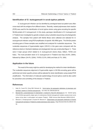 302                                                  Molecular Epidemiology of Scrub Typhus in Thailand

Identification of O. tsutsugamushi in scrub typhus patients
         O. tsutsugamushi infection can be identified by serological tests but patient sera often
cross-react with the antigens from different strains. Recently, nested polymerase chain reaction
(PCR) was used for the identification of scrub typhus strains using gene encoding the specific
56-kDa protein of O. tsutsugamushi. In this study, genotypic identification of O. tsutsugamushi
in Thailand was investigated by genetic analysis using nucleotide sequencing and phylogenetic
analysis. The samples from patient with febrile illness were collected and selected for O.
tsutsugamushi infection using PCR amplification of specific 16S rRNA gene. The 56-kDa protein
encoding gene of these samples was amplified and analyzed for nucleotide sequences. The
nucleotide sequences of hypervariable region (VDI-IV) in this gene were compared with the
reference strains in Genbank database and phylogenetic tree was constructed (figure 1). There
were 4 major groups which related to O. tsutsugamushi strains (Karp, Gilliam, TA763 and
Kato). The most prevalent strain of O. tsutsugamushi in Thailand was Karp (43.8%; 28/64),
followed by Gilliam (34.4%; 22/64), TA763 (12.5%; 8/64) and Kato (4.7%; 3/64).

Application in the future
        The result of this study might be useful for developing the method for strain identification.
The nucleotide sequences alignment of hypervarible region in 56 KDa encoding gene will be
performed and strain specific primers will be selected for strain identification using nested PCR
amplification. The information of molecular epidemiology of scrub typhus could be also useful
for prevention and controlling of the disease in Thailand.

References
1.    Kelly DJ, .uerst PA, Ching WM, Richards AL. Scrub typhus: the geographic distribution of phenotypic and
      genotypic variants of Orientia tsutsugamushi. Clin Infect Dis 2009;48:S203-30.
2.    Blacksell SD, Luksameetanasan R, Kalambaheti T, Aukkanit N, Paris DH, McGready R, et al. Genetic typing
      of the 56-kDa type-specific antigen gene of contemporary Orientia tsutsugamushi isolates causing human scrub
      typhus at two sites in north-eastern and western Thailand. .EMS Immunol Med Microbiol 2008;52:335-42.
3.    Manosroi J, Chutipongvivate S, Auwanit W, Manosroi A. Determination and geographic distribution of Orientia
      tsutsugamushi serotypes in Thailand by nested polymerase chain reaction. Diagn Microbiol Infect Dis 2006;55:185-
      90.
 