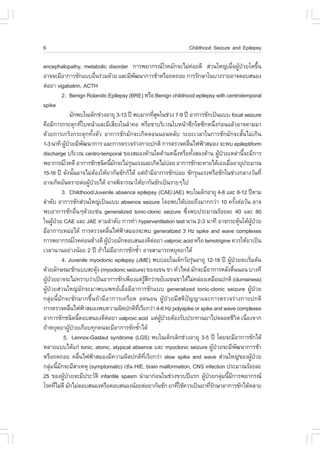 6                                                                                         Childhood Seizure and Epilepsy

encephalopathy, metabolic disorder ¡ÒÃ¾ÂÒ¡Ã³âÃ¤ÁÑ¡¨ÐäÁ‹¤ÍÂ´Õ Ê‹Ç¹ãË­‹àÁ×Í¼Ù»ÇÂâµ¢Ö¹     ‹                        è Œ †               é
ÍÒ¨¨ÐÁÕÍÒ¡ÒÃªÑ¡áººÍ×¹Ã‹ÇÁ´ŒÇÂ áÅÐÁÕ¾²¹Ò¡ÒÃªŒÒËÃ×Í¶´¶ÍÂ ¡ÒÃÃÑ¡ÉÒã¹ºÒ§ÃÒÂÍÒ¨µÍºÊ¹Í§
                                      è              Ñ
µ‹ÍÂÒ vigabatrin, ACTH
          2. Benign Rolandic Epilepsy (BRE) ËÃ×Í Benign childhood epilepsy with centrotemporal
spike
                 ÁÑ¡¾ºã¹à´ç¡ª‹Ç§ÍÒÂØ 3-13 »‚ ¾ºÁÒ¡·ÕÊ´ã¹ª‹Ç§ 7-9 »‚ ÍÒ¡ÒÃªÑ¡à»š¹áºº focal seizure
                                                                     èØ
¤×ÍÁÕ¡ÒÃ¡ÃÐµØ¡·ÕãºË¹ŒÒáÅÐÁÕàÊÕÂ§ã¹ÅíÒ¤Í ËÃ×ÍªÒºÃÔàÇ³ãºË¹ŒÒ«Õ¡ã´«Õ¡Ë¹Ö§¡‹Í¹áÅŒÇÍÒ¨µÒÁÁÒ
                            è                                                                           è
´ŒÇÂ¡ÒÃà¡Ãç§¡ÃÐµØ¡·Ñé§µÑÇ ÍÒ¡ÒÃªÑ¡ÁÑ¡¨Ðà¡Ô´µÍ¹¹Í¹ËÅÑº ÃÐÂÐàÇÅÒã¹¡ÒÃªÑ¡ÁÑ¡¨ÐÊÑé¹äÁ‹à¡Ô¹
1-3 ¹Ò·Õ ¼Ù»ÇÂÁÕ¾²¹Ò¡ÒÃ áÅÐ¡ÒÃµÃÇ¨Ã‹Ò§¡ÒÂ»¡µÔ ¡ÒÃµÃÇ¨¤Å×¹ä¿¿‡ÒÊÁÍ§ ¨Ð¾º epileptiform
            Œ †               Ñ                                                        è
discharge ºÃÔàÇ³ centro-temporal ¢Í§ÊÁÍ§´ŒÒ¹ã´´ŒÒ¹Ë¹Ö§ËÃ×Í·Ñ§ÊÍ§´ŒÒ¹ ¼Ù»ÇÂàËÅ‹Ò¹Õ¨ÐÁÕ¡ÒÃ
                                                                               è           é              Œ †               é
¾ÂÒ¡Ã³âÃ¤´Õ ÍÒ¡ÒÃªÑ¡ª¹Ô´¹ÕÁ¡¨ÐäÁ‹Ã¹áÃ§áÅÐà¡Ô´äÁ‹ºÍÂ ÍÒ¡ÒÃªÑ¡¨ÐËÒÂä´ŒàÍ§àÁ×ÍÍÒÂØ»ÃÐÁÒ³
                                               é Ñ Ø                         ‹                                 è
15-16 »‚ ´Ñ§¹Ñ¹ÍÒ¨äÁ‹µÍ§ãËŒÂÒ¡Ñ¹ªÑ¡¡çä´Œ áµ‹¶ÒÁÕÍÒ¡ÒÃªÑ¡º‹ÍÂ ªÑ¡ÃØ¹áÃ§ËÃ×ÍªÑ¡ã¹ª‹Ç§¡ÅÒ§ÇÑ¹·Õè
                    é               Œ                              Œ
ÍÒ¨à¡Ô´ÍÑ¹µÃÒÂµ‹Í¼Ù»ÇÂä´Œ ÍÒ¨¾Ô¨ÒÃ³ÒãËŒÂÒ¡Ñ¹ªÑ¡à»š¹ÃÒÂæä»
                                Œ †
          3. Childhood/Juvenile absence epilepsy (CAE/JAE) ¾ºã¹à´ç¡ÍÒÂØ 4-8 áÅÐ 8-12 »‚µÒÁ
ÅíÒ´Ñº ÍÒ¡ÒÃªÑ¡Ê‹Ç¹ãË­‹à»š¹áºº absence seizure â´Â¾ºä´ŒºÍÂ¶Õ§ÁÒ¡¡Ç‹Ò 10 ¤ÃÑ§µ‹ÍÇÑ¹ ÍÒ¨
                                                                                     ‹                               é
¾ºÍÒ¡ÒÃªÑ¡Í×¹æ´ŒÇÂàª‹¹ generalized tonic-clonic seizure «Ö§¾º»ÃÐÁÒ³ÃŒÍÂÅÐ 40 áÅÐ 80
                      è                                                            è
ã¹¼Ù»ÇÂ CAE áÅÐ JAE µÒÁÅíÒ´Ñº ¡ÒÃ·íÒ hyperventilation test ¹Ò¹ 2-3 ¹Ò·Õ ÍÒ¨¡ÃÐµØ¹ãËŒ¼»ÇÂ
      Œ †                                                                                                                 Œ      ÙŒ †
ÁÕÍÒ¡ÒÃàËÁ‹Íä´Œ ¡ÒÃµÃÇ¨¤Å×¹ä¿¿‡ÒÊÁÍ§¨Ð¾º generalized 3 Hz spike and wave complexes
                                             è
¡ÒÃ¾ÂÒ¡Ã³âÃ¤¤‹Í¹¢ŒÒ§´Õ ¼Ù»ÇÂÁÑ¡µÍºÊ¹Í§´ÕµÍÂÒ valproic acid ËÃ×Í lamotrigine ¤ÇÃãËŒÂÒà»š¹
                                          Œ †                        ‹
àÇÅÒ¹Ò¹ÍÂ‹Ò§¹ŒÍÂ 2 »‚ ¶ŒÒäÁ‹ÁÍÒ¡ÒÃªÑ¡«éÒ ÍÒ¨ÊÒÁÒÃ¶ËÂØ´ÂÒä´Œ
                                                 Õ     í
          4. Juvenile myoclonic epilepsy (JME) ¾ºº‹ÍÂã¹à´ç¡ÇÑÂÃØ¹ÍÒÂØ 12-18 »‚ ¼Ù»ÇÂ¨ÐàÃÔÁµŒ¹‹                   Œ †          è
´ŒÇÂÅÑ¡É³ÐªÑ¡áººÊÐ´Ø§ (myoclonic seizure) ¢Í§á¢¹ ¢Ò ËÑÇäËÅ‹ ÁÑ¡¨ÐÁÕÍÒ¡ÒÃËÅÑ§µ×¹¹Í¹ ºÒ§·Õ
                                        Œ                                                                          è
¼Ù»ÇÂÍÒ¨¨ÐäÁ‹·ÃÒºÇ‹Òà»š¹ÍÒ¡ÒÃªÑ¡à¾ÕÂ§áµ‹ÃÊ¡Ç‹Ò¢ÂÑºá¢¹¢Òä´ŒäÁ‹¤Å‹Í§àËÁ×Í¹»¡µÔ (clumsiness)
  Œ †                                                         ÙŒ Ö
¼ÙŒ»†ÇÂÊ‹Ç¹ãË­‹ÁÑ¡¨ÐÁÒ¾ºá¾·ÂàÁ×èÍÁÕÍÒ¡ÒÃªÑ¡áºº generalized tonic-clonic seizure ¼ÙŒ»†ÇÂ
¡ÅØ‹Á¹ÕéÁÑ¡¨ÐªÑ¡ÁÒ¡¢Öé¹¶ŒÒÁÕÍÒ¡ÒÃà¤ÃÕÂ´ Í´¹Í¹ ¼ÙŒ»†ÇÂÁÕÊµÔ»˜­­ÒáÅÐ¡ÒÃµÃÇ¨Ã‹Ò§¡ÒÂ»¡µÔ
¡ÒÃµÃÇ¨¤Å×¹ä¿¿‡ÒÊÁÍ§¾º¤ÇÒÁ¼Ô´»¡µÔ·àÃÕÂ¡Ç‹Ò 4-6 Hz polyspike or spike and wave complexes
                 è                                       Õè
ÍÒ¡ÒÃªÑ¡ª¹Ô´¹ÕµÍºÊ¹Í§´ÕµÍÂÒ valproic acid áµ‹¼»ÇÂµŒÍ§ÃÑº»ÃÐ·Ò¹ÂÒä»µÅÍ´ªÕÇµ à¹×Í§¨Ò¡
                        é                  ‹                            ÙŒ †                                             Ô è
¶ŒÒËÂØ´ÂÒ¼Ù»ÇÂà¡×Íº·Ø¡¤¹¨ÐÁÕÍÒ¡ÒÃªÑ¡«éÒä´Œ
                Œ †                                         í
           5. Lennox-Gastaut syndrome (LGS) ¾ºã¹à´ç¡àÅç¡ª‹Ç§ÍÒÂØ 3-5 »‚ â´Â¨ÐÁÕÍÒ¡ÒÃªÑ¡ä´Œ
ËÅÒÂáººä´Œá¡‹ tonic, atonic, atypical absence áÅÐ myoclonic seizure ¼Ù»ÇÂ¨ÐÁÕ¾²¹Ò¡ÒÃªŒÒ               Œ †              Ñ
ËÃ×Í¶´¶ÍÂ ¤Å×¹ä¿¿‡ÒÊÁÍ§ÁÕ¤ÇÒÁ¼Ô´»¡µÔ·àÃÕÂ¡Ç‹Ò slow spike and wave Ê‹Ç¹ãË­‹¢Í§¼Ù»ÇÂ
                          è                                     Õè                                                              Œ †
¡ÅØÁ¹ÕÁ¡¨ÐÁÕÊÒàËµØ (symptomatic) àª‹¹ HIE, brain malformation, CNS infection »ÃÐÁÒ³ÃŒÍÂÅÐ
    ‹ é Ñ
25 ¢Í§¼Ù»ÇÂ¨ÐÁÕ»ÃÐÇÑµÔ infantile spasm ¹íÒÁÒ¡‹Í¹ã¹ª‹Ç§¢Çº»‚áÃ¡ ¼Ù»ÇÂ¡ÅØÁ¹ÕÁ¡ÒÃ¾ÂÒ¡Ã³
           Œ †                                                                                 Œ †          ‹ é Õ
âÃ¤·ÕäÁ‹´Õ ÁÑ¡äÁ‹µÍºÊ¹Í§ËÃ×ÍµÍºÊ¹Í§¹ŒÍÂµ‹ÍÂÒ¡Ñ¹ªÑ¡ ÂÒ·ÕãªŒ¤ÇÃà»š¹ÂÒ·ÕÃ¡ÉÒÍÒ¡ÒÃªÑ¡ä´ŒËÅÒÂ
        è                                                                        è                 èÑ
 