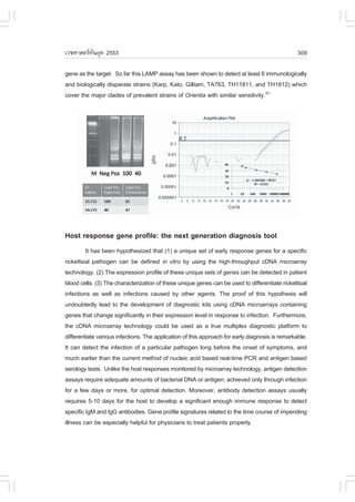 àÇªÈÒÊµÃ·¹ÂØ¤ 2553
          Ñ                                                                                      309

gene as the target. So far this LAMP assay has been shown to detect at least 6 immunologically
and biologically disparate strains (Karp, Kato, Gilliam, TA763, TH11811, and TH1812) which
cover the major clades of prevalent strains of Orientia with similar sensitivity.(5)




Host response gene profile: the next generation diagnosis tool
         It has been hypothesized that (1) a unique set of early response genes for a specific
rickettsial pathogen can be defined in vitro by using the high-throughput cDNA microarray
technology. (2) The expression profile of these unique sets of genes can be detected in patient
blood cells. (3) The characterization of these unique genes can be used to differentiate rickettsial
infections as well as infections caused by other agents. The proof of this hypothesis will
undoubtedly lead to the development of diagnostic kits using cDNA microarrays containing
genes that change significantly in their expression level in response to infection. Furthermore,
the cDNA microarray technology could be used as a true multiplex diagnostic platform to
differentiate various infections. The application of this approach for early diagnosis is remarkable.
It can detect the infection of a particular pathogen long before the onset of symptoms, and
much earlier than the current method of nucleic acid based real-time PCR and antigen based
serology tests. Unlike the host responses monitored by microarray technology, antigen detection
assays require adequate amounts of bacterial DNA or antigen; achieved only through infection
for a few days or more, for optimal detection. Moreover, antibody detection assays usually
requires 5-10 days for the host to develop a significant enough immune response to detect
specific IgM and IgG antibodies. Gene profile signatures related to the time course of impending
illness can be especially helpful for physicians to treat patients properly.
 