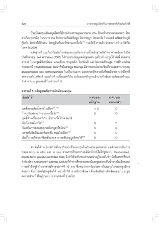 328                                                      ÂÒ¨Ò¡ÊÁØ¹ä¾Ã¡ÑºàÇªÈÒÊµÃàªÔ§»ÃÐ¨Ñ¡É

        »˜¨¨Øº¹ÁÐÃØÁà»š¹ÊÁØ¹ä¾Ã·ÕÁ¡ÒÃÍŒÒ§ÊÃÃ¾¤Ø³ÁÒ¡ÁÒÂ àª‹¹ ÃÑ¡ÉÒâÃ¤¢Ò´ÊÒÃÍÒËÒÃ âÃ¤
              Ñ                    è Õ
µÒà¡×Íº·Ø¡ª¹Ô´ âÃ¤àºÒËÇÒ¹ âÃ¤¤ÇÒÁ´Ñ¹âÅËÔµÊÙ§ âÃ¤¡ÃÐ´Ù¡ âÃ¤ÁÐàÃç§ âÃ¤àÍ´Ê àÊÃÔÁÊÃŒÒ§ÀÙÁÔ
¤ØÁ¡Ñ¹ âÃ¤ÅíÒäÊŒÍ¡àÊº âÃ¤ÀÙÁá¾ŒáÅÐÃÑ¡ÉÒá¼ÅàÃ×ÍÃÑ§(14) ÃÇÁä»¶Ö§¡ÒÃÍŒÒ§Ç‹ÒÊÒÁÒÃ¶¹íÒÁÒãªŒ¡º
  Œ              Ñ           Ô                 é                                        Ñ
âÃ¤ËÇÑ´ 2009
        ËÅÑ¡°Ò¹·ÕÃÐºØà¡ÕÂÇ¡Ñº»ÃÐâÂª¹¢Í§ÁÐÃØÁÁÕÁÒ¡ÁÒÂ·Ñ§ËÅÑ¡°Ò¹àªÔ§ÇÔ·ÂÒÈÒÊµÃáÅÐ·Õà»š¹
                   è    è                                é                            è
ºÑ¹·Ö¡µ‹Ò§æ Jed W .ahey (2005) ä´ŒÃÇºÃÇÁ¢ŒÍÁÙÅËÅÑ¡°Ò¹µ‹Ò§æà¡ÕÂÇ¡ÑºÁÐÃØÁäÇŒ ´Ñ§¹Õé ´ŒÒ¹ÊÒÃ
                                                                è
ÍÒËÒÃ ãºÁÐÃØÁÁÕÇÔµÒÁÔ¹àÍ á¤Åà«ÕÂÁ ¸ÒµØàËÅç¡ ÇÔµÒÁÔ¹«Õ áÅÐâ¾á·Êà«ÕÂÁÊÙ§ ¡ÒÃÈÖ¡ÉÒ´ŒÒ¹
¾Ä¡Éà¤ÁÕ (Phytochemical) ¾ºÇ‹Ò¾×ªã¹µÃÐ¡ÙÅ Moringa ÁÕÊÒÃ¾Ç¡¹éÒµÒÅàªÔ§à´ÕÂÇáÅÐÊÒÃ»ÃÐ¡Íº
                                                              í         è
glucosinolates áÅÐ isothiocyanates ã¹»ÃÔÁÒ³ÁÒ¡ áÅÐÊÒÃà¤ÁÕËÅÒÂµÑÇ·Õ¾ºÁÕÃÒÂ§Ò¹Ç‹ÒÁÕÄ·¸Ôì
                                                                     è
Å´¤ÇÒÁ´Ñ¹âÅËÔµ µŒÒ¹ÁÐàÃç§ µŒÒ¹àª×Íáº¤·ÕàÃÕÂ ÃÐ´Ñº¢Í§ËÅÑ¡°Ò¹àªÔ§»ÃÐ¨Ñ¡ÉáÅÐÃÐ´Ñº¢Í§¤íÒá¹Ð
                                 é
¹íÒÊíÒËÃÑºÁÐÃØÁáÊ´§äÇŒã¹µÒÃÒ§·Õè 5

µÒÃÒ§·Õè 5 ËÅÑ¡°Ò¹àªÔ§»ÃÐ¨Ñ¡É¢Í§ÁÐÃØÁ
¢ŒÍº‹§ãªŒ                                                  ÃÐ´Ñº¢Í§         ÃÐ´Ñº¢Í§
                                                           ËÅÑ¡°Ò¹          ¤íÒá¹Ð¹íÒ
Ä·¸ÔÅ´ÃÐ´Ñº¹éÒµÒÅã¹àÅ×Í´(15, 16)
     ì        í                                                4, 5               D
âÃ¤ÀÙÁÔá¾ŒáÅÐÃÑ¡ÉÒá¼ÅàÃ×éÍÃÑ§(14)                              5                  D
Ä·¸ÔµÒ¹àª×Íáº¤·ÕàÃÕÂ àª×ÍÃÒ àª×ÍäÇÃÑÊ ¾ÂÒ¸Ô
    ì Œ é                é     é
ÂÑºÂÑ§à«ÅÅÁÐàÃç§
       é          (17)
                                                               5                  D
»‡Í§¡Ñ¹¡ÒÃÅ´Å§¢Í§ÃÐ´Ñº¡ÅÙµÒä¸âÍ¹(18)                           5                  D
Å´ÃÐ´Ñºä¢ÁÑ¹áÅÐà¾ÔÁÃÐ´Ñº HDLã¹àÅ×Í´(19)
                       è                                       5                  D
ÂÑºÂÑ§¡ÒÃà¡Ô´ÍÍ¡«Ôà´ªÑ¹áÅÐÊÒÁÒÃ¶¨ÑºÍ¹ØÁÅÍÔÊÃÐä´Œ(20)
         é                                Ù                    5                  D

        ¨ÐàËç¹ä´ŒÇÒáÁŒ¨ÐÁÕ¡ÒÃÈÖ¡ÉÒÇÔ¨ÂÄ·¸Ô¢Í§ÁÐÃØÁã¹´ŒÒ¹µ‹Ò§æÁÒ¡ÁÒÂ áµ‹ÊÇ¹ÁÒ¡à»š¹¡ÒÃ
                  ‹                     Ñ      ì                                  ‹
·´ÅÍ§áºº in vitro áÅÐ in vivo Ê‹Ç¹¡ÒÃÈÖ¡ÉÒ·Ò§¤ÅÔ¹Ô¡·Õè·íÒ¡çäÁ‹ãª‹ÃÙ»áºº Randomized,
double-blind, placebo-controlled trials ¨Ö§·íÒãËŒÃÐ´Ñº¢Í§¤íÒá¹Ð¹íÒÍÂÙã¹ÃÐ´ÑºµèÒ ÁÕà¾ÕÂ§¡ÒÃÈÖ¡ÉÒ
                                                                     ‹        í
¹íÒÃ‹Í§â´Â Anthanont P áÅÐ¤³Ð (2553) ·Õ·Ò¡ÒÃÈÖ¡ÉÒ¼Å¢Í§ãºÁÐÃØÁµ‹ÍÃÐ´Ñº¹éÒµÒÅã¹àÅ×Í´áÅÐ
                                           è í                                  í
¡ÒÃËÅÑè§ÍÔ¹«ÙÅÔ¹ã¹ÍÒÊÒÊÁÑ¤ÃÊØ¢ÀÒ¾´Õ 10 ÃÒÂ «Öè§¾ºÇ‹Ò¡ÒÃÃÑº»ÃÐ·Ò¹ãºÁÐÃØÁã¹¢¹Ò´ÊÙ§ÁÕ¼Å
µ‹Í¡ÒÃà¾ÔèÁ¡ÒÃËÅÑè§ÍÔ¹«ÙÅÔ¹ä´Œ ÍÂ‹Ò§äÃ¡ç´Õ ¤ÇÃÁÕ¡ÒÃÈÖ¡ÉÒà¾ÔèÁàµÔÁ¶Ö§»ÃÐÊÔ·¸Ô¼Å¢Í§ãºÁÐÃØÁ
µ‹Í¡ÒÃ¹íÒÁÒãªŒã¹¼Ù»ÇÂàºÒËÇÒ¹ª¹Ô´·Õè 2 µ‹Íä»
                    Œ †
 