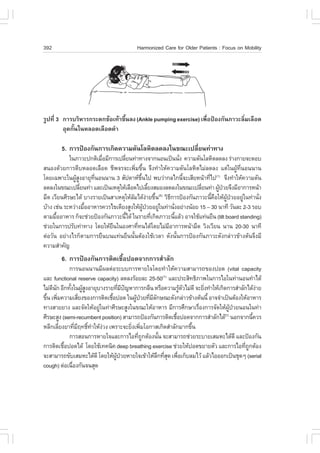 392                                     Harmonized Care for Older Patients : .ocus on Mobility




ÃÙ»·Õè 3 ¡ÒÃºÃÔËÒÃ¡ÃÐ´¡¢ŒÍà·ŒÒ¢Öé¹Å§ (Ankle pumping exercise) à¾×èÍ»‡Í§¡Ñ¹ÀÒÇÐÅÔèÁàÅ×Í´
         ÍØ´¡Ñ¹ã¹ËÅÍ´àÅ×Í´´íÒ
              é

       5. ¡ÒÃ»‡Í§¡Ñ¹¡ÒÃà¡Ô´¤ÇÒÁ´Ñ¹âÅËÔµÅ´Å§ã¹¢³Ðà»ÅÕÂ¹·‹Ò·Ò§
                                                    è
            ã¹ÀÒÇÐ»¡µÔàÁ×ÍÁÕ¡ÒÃà»ÅÕÂ¹·‹Ò·Ò§¨Ò¡¹Í¹à»š¹¹Ñ§ ¤ÇÒÁ´Ñ¹âÅËÔµÅ´Å§ Ã‹Ò§¡ÒÂ¨ÐµÍº
                         è           è                            è
Ê¹Í§´ŒÇÂ¡ÒÃµÕºËÅÍ´àÅ×Í´ ªÕ¾¨Ã¨Ðà¾ÔèÁ¢Öé¹ ¨Ö§·íÒãËŒ¤ÇÒÁ´Ñ¹âÅËÔµäÁ‹Å´Å§ áµ‹ã¹¼ÙŒ·Õè¹Í¹¹Ò¹
â´Âà©¾ÒÐã¹¼ÙÊ§ÍÒÂØ·¹Í¹¹Ò¹ 3 ÊÑ»´ÒË¢¹ä» ¾ºÇ‹Ò¡Åä¡¹Õ¨ÐàÊÕÂË¹ŒÒ·Õä»(1) ¨Ö§·íÒãËŒ¤ÇÒÁ´Ñ¹
               ŒÙ     Õè                  Öé                        é   è
Å´Å§ã¹¢³Ðà»ÅÕÂ¹·‹Ò áÅÐà»š¹àËµØãËŒàÅ×Í´ä»àÅÕÂ§ÊÁÍ§Å´Å§ã¹¢³Ðà»ÅÕÂ¹·‹Ò ¼Ù»ÇÂ¨Ö§ÁÕÍÒ¡ÒÃË¹ŒÒ
                  è                               é                   è       Œ †
Á×´ àÇÕÂ¹ÈÕÃÉÐä´Œ ºÒ§ÃÒÂà»š¹ÊÒàËµØãËŒÅÁä´Œ§ÒÂ¢Ö¹ ÇÔ¸¡ÒÃ»‡Í§¡Ñ¹ÀÒÇÐ¹Õ¤ÍãËŒ¼»ÇÂÍÂÙã¹·‹Ò¹Ñ§
                                       Œ ‹ é          (6)
                                                            Õ             é ×     ÙŒ † ‹     è
ºŒÒ§ àª‹¹ ÃÐËÇ‹Ò§Á×ÍÍÒËÒÃ¤ÇÃä¢àµÕÂ§ÊÙ§ãËŒ¼»ÇÂÍÂÙã¹·‹Ò¹Ñ§ÍÂ‹Ò§¹ŒÍÂ 15 – 30 ¹Ò·Õ ÇÑ¹ÅÐ 2-3 ÃÍº
                    é                        ÙŒ †     ‹       è
µÒÁÁ×ÍÍÒËÒÃ ¡ç¨Ðª‹ÇÂ»‡Í§¡Ñ¹ÀÒÇÐ¹Õä´Œ ã¹ÃÒÂ·Õà¡Ô´ÀÒÇÐ¹ÕáÅŒÇ ÍÒ¨ãªŒá·‹¹Â×¹ (tilt board standing)
      é                            é                è           é
ª‹ÇÂã¹¡ÒÃ»ÃÑº·‹Ò·Ò§ â´ÂãËŒÂ¹ã¹Í§ÈÒ·Õ·¹ä´Œâ´ÂäÁ‹ÁÍÒ¡ÒÃË¹ŒÒÁ×´ ÇÔ§àÇÕÂ¹ ¹Ò¹ 20-30 ¹Ò·Õ
                             ×          è                 Õ
µ‹ÍÇÑ¹ ÍÂ‹Ò§äÃ¡çµÒÁ¡ÒÃÂ×¹º¹á·‹¹Â×¹¹Ñé¹µŒÍ§ãªŒàÇÅÒ ´Ñ§¹Ñé¹¡ÒÃ»‡Í§¡Ñ¹ÀÒÇÐ´Ñ§¡Å‹ÒÇ¢ŒÒ§µŒ¹¨Ö§ÁÕ
¤ÇÒÁÊíÒ¤Ñ­
       6. ¡ÒÃ»‡Í§¡Ñ¹¡ÒÃµÔ´àª×éÍ»Í´¨Ò¡¡ÒÃÊíÒÅÑ¡
             ¡ÒÃ¹Í¹¹Ò¹ÁÕ¼Åµ‹ÍÃÐºº¡ÒÃËÒÂã¨â´Â·íÒãËŒ¤ÇÒÁÊÒÁÒÃ¶¢Í§»Í´ (vital capacity
áÅÐ functional reserve capacity) Å´Å§ÃŒÍÂÅÐ 25-50(1) áÅÐ»ÃÐÊÔ·¸ÔÀÒ¾ã¹¡ÒÃäÍã¹·‹Ò¹Í¹·íÒä´Œ
äÁ‹´¹¡ ÍÕ¡·Ñ§ã¹¼ÙÊ§ÍÒÂØºÒ§ÃÒÂ·ÕÁ»­ËÒ¡ÒÃ¡Å×¹ ËÃ×Í¤ÇÒÁÃÙµÇäÁ‹´Õ ¨ÐÂÔ§·íÒãËŒà¡Ô´¡ÒÃÊíÒÅÑ¡ä´Œ§ÒÂ
     Õ Ñ     é ŒÙ                 è Õ ˜                    Œ Ñ     è                       ‹
¢Ö¹ à¾ÔÁ¤ÇÒÁàÊÕÂ§¢Í§¡ÒÃµÔ´àª×Í»Í´ ã¹¼Ù»ÇÂ·ÕÁÅ¡É³Ð´Ñ§¡Å‹ÒÇ¢ŒÒ§µŒ¹¹Õé ÍÒ¨¨íÒà»š¹µŒÍ§ãËŒÍÒËÒÃ
  é è              è          é           Œ † è ÕÑ
·Ò§ÊÒÂÂÒ§ áÅÐ¨Ñ´ãËŒÍÂÙã¹·‹ÒÈÕÃÉÐÊÙ§ã¹¢³ÐãËŒÍÒËÒÃ ÁÕ¡ÒÃÈÖ¡ÉÒàÃ×Í§¡ÒÃ¨Ñ´ãËŒ¼»ÇÂ¹Í¹ã¹·‹Ò
                        ‹                                        è             ÙŒ †
ÈÕÃÉÐÊÙ§ (semi-recumbent position) ÊÒÁÒÃ¶»‡Í§¡Ñ¹¡ÒÃµÔ´àª×Í»Í´¨Ò¡¡ÒÃÊíÒÅÑ¡ä´Œ(7) ¹Í¡¨Ò¡¹Õ¤ÇÃ
                                                         é                               é
ËÅÕ¡àÅÕÂ§ÂÒ·ÕÁÄ·¸Ô·ÒãËŒ§Ç§ à¾ÃÒÐ¨ÐÂÔ§à¾ÔÁâÍ¡ÒÊà¡Ô´ÊíÒÅÑ¡ÁÒ¡¢Ö¹
         è      è Õ ì í ‹               è è                    é
             ¡ÒÃÊÍ¹¡ÒÃËÒÂã¨áÅÐ¡ÒÃäÍ·Õ¶¡µŒÍ§¹Ñ¹ ¨ÐÊÒÁÒÃ¶ª‹ÇÂÃÐºÒÂàÊÁËÐä´Œ´Õ áÅÐ»‡Í§¡Ñ¹
                                            è Ù     é
¡ÒÃµÔ´àª×Í»Í´ä´Œ â´ÂãªŒà·¤¹Ô¤ deep breathing exercise ª‹ÇÂãËŒ»Í´¢ÂÒÂµÑÇ áÅÐ¡ÒÃäÍ·Õ¶¡µŒÍ§
           é                                                                         è Ù
¨ÐÊÒÁÒÃ¶¢ÑºàÊÁËÐä´Œ´Õ â´ÂãËŒ¼»ÇÂËÒÂã¨à¢ŒÒãËŒÅ¡·ÕÊ´ à¾×Íà¡çºÅÁäÇŒ áÅŒÇäÍÍÍ¡à»š¹ªØ´æ (serial
                                ÙŒ †               Ö èØ è
cough) µ‹Íà¹×Í§¡Ñ¹¨¹ÊØ´
              è
 