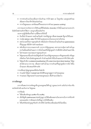 16                                                                                     ·ÒÃ¡¡Ç¹¼Ô´»Ã¡µÔ

        !   ·ÒÃ¡ª‹ÇÂµÑÇàÍ§â´Âà»ÅÕÂ¹¡ÒÃ§ÑºàµŒÒ¹Á ·íÒãËŒ latch on äÁ‹¶¡µŒÍ§ áÅÐ´Ù´áµ‹ËÇ¹Á
                                 è                                  Ù               Ñ
            à¾×ÍÅ´¡ÒÃäËÅ ·Õ·ÒãËŒáÁ‹à¨çºËÑÇ¹Á
               è           è í
        !   ·ÒÃ¡äÁ‹´´¹ÁàÍ§ áµ‹¡Å×¹¹Á·ÕäËÅÍÍ¡ÁÒ¨Ò¡ËÑÇ¹Á (passive suckling)
                    Ù                   è
        ÍÒ¡ÒÃ¢Í§·ÒÃ¡à¡Ô´¨Ò¡¡ÒÃä´ŒÃº¹Á·ÕÁä¢ÁÑ¹¹ŒÍÂ (foremilk) ·íÒãËŒ¹Ò¹Á¼‹Ò¹¡ÃÐà¾ÒÐàÃçÇ
                                                     Ñ    è Õ                         éí
ÁÕáÅç¤âµÊ¼‹Ò¹à¢ŒÒÅíÒäÊŒÁÒ¡ áÅÐ¶Ù¡à»ÅÕÂ¹à»š¹¡Ò«   è
        á¹Ç·Ò§»¯Ôºµà¾×Íá¡Œä¢ÀÒÇÐ¹ÕÁËÅÒÂÇÔ¸Õ ´Ñ§¹Õé
                               Ñ Ô è                é Õ
        ! ºÕº/»˜Á»Š ¹éÒ¹ÁÍÍ¡ ¨¹¹éÒ¹ÁäËÅªŒÒ ¡‹Í¹ãËŒÅ¡´Ù´ à¾×ÍÅ´ foremilk ·ÕÅ¡¨Ðä´ŒÃºáÅÐ
                                í            í                       Ù     è              èÙ     Ñ
        ! ¡ÃÐµØ¹ letdown reflex ·Õ·ÒãËŒ¹Ò¹Á¾Ø§ÍÍ¡áÃ§ã¹ÃÐÂÐáÃ¡¼‹Ò¹ä»¡‹Í¹
                       Œ                     è í éí             ‹
        ! Å´¨íÒ¹Ç¹¤ÃÑ§ã¹¡ÒÃ´Ù´¹ÁÍÕ¡àµŒÒ à¾×ÍÂÑºÂÑ§¡ÒÃäËÅ¢Í§¹éÒ¹Áã¹àµŒÒ¹Á (galactostasis)
                                   é                          è                 í
           ·ÕäÁ‹¶¡´Ù´ à¾×ÍãËŒ¡ÒÃÊÃŒÒ§¹Á¹ŒÍÂÅ§
               è Ù                   è
        ! ËÅÕ¡àÅÕÂ§¡ÒÃÃÐºÒÂ¹Á¨Ò¡àµŒÒ (¨Ò¡¡ÒÃãËŒÅ¡´Ù´¹Á) à¾ÃÒÐ¨Ð¡ÃÐµØ¹¡ÒÃÊÃŒÒ§¹éÒ¹Á
                           è                                        Ù                    Œ          í
           Â¡àÇŒ¹àÁ×ÍáÁ‹¤´àµŒÒ¹ÁÁÒ¡ ¡ÒÃºÕº¹éÒ¹ÁËÃ×ÍãËŒÅ¡´Ù´àµŒÒ ·íÒà¾×ÍãËŒËÒÂ¤Ñ´àµŒÒ¹Áà·‹Ò¹Ñ¹
                             è           Ñ                  í           Ù           è                 é
        ! äÁ‹¡ÒË¹´¤ÇÒÁ¹Ò¹¢Í§¡ÒÃ´Ù´¹ÁàµŒÒáÃ¡
                     í
        ! ãËŒ´´¹Á¨¹à¡ÅÕÂ§àµŒÒ¡‹Í¹ãËŒ´´ÍÕ¡àµŒÒ â´ÂÃÍãËŒÅ¡ËÂØ´¹ÁàÍ§ ËÃ×Í´Ù´¨¹àËÅÑº ËÃ×Í´Ù´
                 Ù                         é            Ù                 Ù
           ¡Å×¹ªŒÒÅ§ äÁ‹¨Òà»š¹µŒÍ§´Ù´ÊÍ§àµŒÒ ¶ŒÒàµŒÒ¹ÁÂÑ§¤Ñ´ ãËŒºº¹éÒ¹ÁÍÍ¡à·‹Ò·Õ·ÒãËŒËÒÂ¤Ñ´
                                       í                                      Õ í             è í
        ! ãËŒ´´àµŒÒà´ÕÂÇ (unilateral breastfeeding) ËÃ×Í cetain time block (block feeding) ãËŒ´´
                   Ù                                                                                      Ù
           àµŒÒà´ÕÂÇ¹Ò¹ 4-12 ªÁ. à¾×ÍÅ´¡ÒÃÊÃŒÒ§¹éÒ¹Á ËÒ¡àµŒÒ¹Á·ÕäÁ‹¶¡´Ù´ÁÕÍÒ¡ÒÃ¤Ñ´ ãËŒºº
                                                è                 í               è Ù                   Õ
           ¹éÒ¹ÁÍÍ¡ à¾ÕÂ§¾Íá¤‹ãËŒËÒÂ¤Ñ´
             í
        ¡ÒÃà»ÅÕÂ¹·‹ÒÍØÁÅÙ¡´Ù´¹Áà¾×Í»‡Í§¡Ñ¹ÊíÒÅÑ¡
               è      Œ             è
        ! ·‹ÒáÁ‹¹§ ãËŒÍÁ·‹Ò football hold ¨Ñ´ãËŒÈÃÉÐÅÙ¡ÍÂÙÊ§¡Ç‹ÒàµŒÒ¢³Ð´Ù´¹Á
                 Ñè     ØŒ                       Õ        ‹Ù
        ! ·‹ÒáÁ‹¹Í¹ ãËŒÅ¡¹Í¹¤ÇèÒº¹Í¡¢³Ð´Ù´¹ÁáÁ‹ à¾×ÍµŒÒ¹áÃ§â¹ŒÁ¶‹Ç§
                           Ù      í                       è

¡ÒÃ¤Ñ´¨ÁÙ¡
      ÍÒ¡ÒÃ·ÕáÊ´§Ç‹Ò·ÒÃ¡¤Ñ´¨ÁÙ¡¤×Í ÅÙ¡à¤Â´Ù´¹Áä´Œ´Õ ÍÂÙ‹ æ ´Ù´¹Á 3-4 ¤íÒ áÅŒÇÍŒÒ»Ò¡ÃŒÍ§ ËÃ×Í
              è
ÊÐºÑ´Ë¹ŒÒË¹Õ áÅÐÃŒÍ§¡Ç¹ äÁ‹´´¹Á
                            Ù
        ¡ÒÃÇÔ¹¨©ÑÂ
               Ô
        ! ä´ŒÂ¹àÊÕÂ§¤Ñ´¨ÁÙ¡ (sniffle ËÃ×Í snuffle)
                 Ô
        ! àÁ×ÍãªŒË¿§ (stethoscope) ¨‹ÍË¹ŒÒÃÙ¨ÁÙ¡ ¨Ðä´ŒÂ¹àÊÕÂ§ÅÁËÒÂã¨àÇÅÒËÒÂã¨ ·ÒÃ¡·Õ»Ã¡µÔ
             è     Ù ˜                                  Ô                           è
           áÅÐ¹Í¹ËÅÑº ¡ÒÃ¿˜§ÅÁËÒÂã¨·Õ¨ÁÙ¡ ¨ÐäÁ‹ä´ŒÂ¹àÊÕÂ§
                                           è              Ô
        ! ãªŒãÂÊíÒÅÕ¨ÍË¹ŒÒÃÙ¨ÁÙ¡·ÕÅÐ¢ŒÒ§ ¢ŒÒ§·Õ¤´ ãÂÊíÒÅÕ¨Ðà¤Å×Í¹¹ŒÍÂËÃ×ÍäÁ‹à¤Å×Í¹
                       ‹                       è Ñ             è                è
 