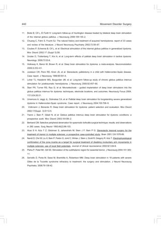 440                                                                                   Movement Disorder Surgery

11. Biolsi B, Cif L, El .ertit H: Long-term follow-up of Huntington disease treated by bilateral deep brain stimulation
    of the internal globus pallidus. J Neurosurg 2008;109:130–2.
12. Chuang C, .ahn S, .rucht SJ: The natural history and treatment of acquired hemidystonia: report of 33 cases
    and review of the literature. J Neurol Neurosurg Psychiatry 2002;72:59–67.
13. Coubes P, Echenne B, Cif L, et al: Electrical stimulation of the internal globus pallidus in generalized dystonia.
    Mov Disord 2002;17 (Suppl 5):S6.
14. Gruber D, Trottenberg T, Kivi A, et al: Long-term effects of pallidal deep brain stimulation in tardive dystonia.
    Neurology 2009;73:53-8.
15. Holloway K, Baron M, Brown R, et al: Deep brain stimulation for dystonia: a meta-analysis. Neuromodulation
    2006;9:253–61.
16. Justeson CR, Penn RD, Kroin JS, et al: Stereotactic pallidotomy in a child with Hallervorden-Spatz disease.
    Case report. J Neurosurg 1999;90:551-4.
17. Loher TJ, Hasdemir MG, Burgunder JM, et al: Long-term follow-up study of chronic globus pallidus internus
    stimulation for posttraumatic hemidystonia. J Neurosurg 2000;92:457–60.
18. Starr PA, Turner RS, Rau G, et al: Microelectrode – guided implantation of deep brain stimulators into the
    globus pallidus internus for dystonia: techniques, electrode locations, and outcomes. Neurosurg .ocus 2004;
    17(1):E4:20-31.
19. Umemura A, Jaggi JL, Dolinskas CA, et al: Pallidal deep brain stimulation for longstanding severe generalized
    dystonia in Hallervorden-Spatz syndrome. Case report. J Neurosurg 2004;100:706–9.
20. Volkmann J, Benecke R: Deep brain stimulation for dystonia: patient selection and evaluation. Mov Disord
    2002;17(Suppl. 3):S112-5.
21. Yianni J, Bain P, Giladi N, et al: Globus pallidus internus deep brain stimulation for dystonic conditions: a
    prospective audit. Mov Disord 2003;18:436–2.
22. Bertrand CM. Selective peripheral denervation for spasmodic torticollis:surgical technique, results, and observations
    in 260 cases. Surg Neurol 1993;40(2):96-103.
23. Alusi S H; Aziz T Z; Glickman S; Jahanshahi M; Stein J .; Bain P G. Stereotactic lesional surgery for the
    treatment of tremor in multiple sclerosis: a prospective case-controlled study. Brain 2001;124:1576-89.
24. Nandi D; Chir M; Liu X; Bain P; Parkin S; Joint C; Winter J; Stein J; Scott R; Gregory R; Aziz T. Electrophysiological
    confirmation of the zona incerta as a target for surgical treatment of disabling involuntary arm movements in
    multiple sclerosis: use of local field potentials. Journal of clinical neuroscience 2002;9(1):64-8.
25. Plaha P, Patel NK, Gill SS. Stimulation of the subthalamic region for essential tremor. J Neurosurg 2004;101:305-
    11.
26. Servello D, Porta M, Sassi M, Brambilla A, Robertson MM. Deep brain stimulation in 18 patients with severe
    Gilles de la Tourette syndrome refractory to treatment: the surgery and stimulation. J Neurol Neurosurg
    Psychiatry 2008;79:136-42.
 