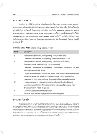 484                                                  Imaging of Trauma : Abdominal Trauma

¡ÒÃºÒ´à¨çºµ‹ÍÁŒÒÁ
          ÁŒÒÁà»š¹ÍÇÑÂÇÐ·Õä´ŒÃººÒ´à¨çºÁÒ¡·ÕÊ´ã¹ª‹Í§·ŒÍ§ â´Âà©¾ÒÐ blunt abdominal trauma(6)
                          è Ñ              èØ
¡ÒÃÇÒ§á¼¹¡ÒÃÃÑ¡ÉÒã¹»˜¨¨Øº¹àÃÔÁÃÑ¡ÉÒáºº»ÃÐ¤Ñº»ÃÐ¤Í§â´ÂäÁ‹¼ÒµÑ´ÁÒ¡¢Ö¹ ·Ñ§¹ÕÊÇ¹ãË­‹à»š¹
                               Ñ è                             ‹        é é é‹
¼ÙŒ»†ÇÂ·ÕèÁÕÊÑ­­Ò³ªÕ¾¤§·Õè ÅÑ¡É³Ð¡ÒÃºÒ´à¨çº·ÕèµÃÇ¨¾ºä´Œá¡‹ laceration, hematoma ·Ñé§áºº
subcapsular áÅÐ intraparenchyma, active hemorrhage ÃÇÁ¶Ö§¡ÒÃºÒ´à¨çºµ‹ÍËÅÍ´àÅ×Í´ä´Œá¡‹
pseudoaneurysm áÅÐ posttraumatic arteriovenous fistula ÍÕ¡´ŒÇÂ(1) â´Âã¹»˜¨¨Øº¹¹ÔÂÁ¨íÒá¹¡
                                                                             Ñ
ÃÐ´Ñº¤ÇÒÁÃØ¹áÃ§â´ÂãªŒÃÐºº¢Í§ American Association for the Surgery of Trauma (AAST)
´Ñ§µÒÃÒ§·Õè 2(6)

µÒÃÒ§·Õè 2 áÊ´§ AAST splenic Injury grading system
 Grade        Description
 I            Hematoma: subcapsular, nonexpanding, <10% surface area
              Laceration: capsular tear, nonbleeding, parenchymal depth <1 cm
 II           Hematoma: subcapsular, nonexpanding, 10%–50% surface area;
              intraparenchymal, nonexpanding, <5 cm in diameter
              Laceration: capsular tear, active bleeding; 1–3 cm parenchymal depth that does
              not involve a trabecular vessel
 III          Hematoma: subcapsular, >50% surface area or expanding or ruptured subcapsular
              hematoma with active bleeding; intraparenchymal, >5 cm or expanding
              Laceration: > 3 cm in parenchymal depth or involving trabecular vessels
 IV           Hematoma: ruptured intraparenchymal hematoma with active bleeding
              Laceration: laceration involving segmental or hilar vessel producing major
              devascularization (>25% of spleen)
 V            Laceration: completely shattered spleen
              Vascular: hilar vascular injury that devascularizes spleen

¡ÒÃºÒ´à¨çºµ‹Íäµ
        Ê‹Ç¹ãË­‹¢Í§¼Ù»ÇÂ·Õä´ŒÃº¡ÒÃºÒ´à¨çºµ‹ÍäµÁÑ¡à¡Ô´¨Ò¡ blunt abdominal trauma â´Â¼Ù»ÇÂ
                     Œ † è Ñ                                                          Œ †
Ê‹Ç¹ãË­‹Á¡ÁÕÍÒ¡ÒÃ»˜ÊÊÒÇÐà»š¹àÅ×Í´Ã‹ÇÁ´ŒÇÂâ´ÂÍÒ¨à»š¹ä´Œ·§ gross hematuria ËÃ×ÍÍÒ¨µÃÇ¨¾º
           Ñ                                               Ñé
à¾ÕÂ§ microscopic hematuria ÍÂ‹Ò§äÃ¡çµÒÁ¼Ù»ÇÂºÒ§ÃÒÂ·ÕÁ¡ÒÃºÒ´à¨çºµ‹Íäµ¡çÍÒ¨¨ÐäÁ‹ÁÍÒ¡ÒÃ
                                            Œ †        è Õ                          Õ
¢Í§»˜ÊÊÒÇÐà»š¹àÅ×Í´Ã‹ÇÁ´ŒÇÂàÅÂ¡çä´Œ ´Ñ§¹Ñ¹»ÃÐÇÑµáÅÐ¡ÒÃµÃÇ¨Ã‹Ò§¡ÒÂÍÒ¨äÁ‹ªÇÂãËŒä´Œ¡ÒÃÇÔ¹¨©ÑÂ
                                         é        Ô                     ‹              Ô
·Õ¤Ãº¶ŒÇ¹ ¡ÒÃµÃÇ¨·Ò§ÃÑ§ÊÕÇ¹¨©ÑÂ¨Ö§¤ÇÃ·íÒà¾ÔÁàµÔÁã¹ÃÒÂµ‹Íä»¹Õé
  è                         Ô Ô                 è             (7)
 