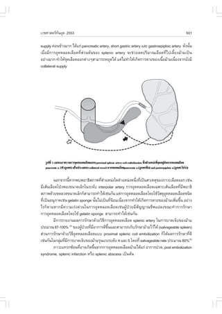 àÇªÈÒÊµÃ·¹ÂØ¤ 2553
          Ñ                                                                                   501

supply ¤‹Í¹¢ŒÒ§ÁÒ¡ ä´Œá¡‹ pancreatic artery, short gastric artery áÅÐ gastroepiploic artery ´Ñ§¹Ñ¹
                                                                                                 é
àÁ×èÍÁÕ¡ÒÃÍØ´ËÅÍ´àÅ×Í´·ÕèÊ‹Ç¹µŒ¹¢Í§ splenic artery ¨Ðª‹ÇÂÅ´»ÃÔÁÒ³àÅ×Í´·Õèä»àÅÕéÂ§ÁŒÒÁà»š¹
ÍÂ‹Ò§ÁÒ¡ ·íÒãËŒ¨´àÅ×Í´ÍÍ¡µ‹Ò§æÊÒÁÒÃ¶ËÂØ´ä´Œ áµ‹äÁ‹·ÒãËŒà¡Ô´¡ÒÃµÒÂ¢Í§à¹×ÍÁŒÒÁà¹×Í§¨Ò¡ÂÑ§ÁÕ
                 Ø                                       í                    é        è
collateral supply




         ¹Í¡¨Ò¡¹ÕËÒ¡¾º¾ÂÒ¸ÔÊÀÒ¾·ÕµÒáË¹‹§ã´µíÒáË¹‹§Ë¹Ö§·Õà»š¹ÊÒàËµØ¢Í§ÀÒÇÐàÅ×Í´ÍÍ¡ àª‹¹
                   é                      è í             è è
ÁÕàÊŒ¹àÅ×Í´â»†§¾Í§¢¹Ò´àÅç¡ã¹ÃÐ´Ñº interpolar artery ¡ÒÃÍØ´ËÅÍ´àÅ×Í´à©¾ÒÐàÊŒ¹àÅ×Í´·ÕÁ¾ÂÒ¸Ô
                                                                                     è Õ
ÊÀÒ¾´ŒÇÂ¢´ÅÇ´¢¹Ò´àÅç¡¡çÊÒÁÒÃ¶·íÒä´Œàª‹¹¡Ñ¹ áµ‹¡ÒÃÍØ´ËÅÍ´àÅ×Í´â´ÂãªŒÇÊ´ØÍ´ËÅÍ´àÅ×Í´ª¹Ô´
                                                                       Ñ Ø
·Õà»š¹Í¹ØÀÒ¤àª‹¹ gelatin sponge ¹Ñ¹äÁ‹à»š¹·Õ¹ÂÁà¹×Í§¨Ò¡·íÒãËŒà¡Ô´¡ÒÃµÒÂ¢Í§ÁŒÒÁà¾ÔÁ¢Ö¹ ÍÂ‹Ò§
  è                                     é          è Ô è                         è é
äÃ¡çµÒÁËÒ¡ÁÕ¤ÇÒÁàÃ‹§´‹Ç¹ã¹¡ÒÃÍØ´ËÅÍ´àÅ×Í´àª‹¹¼ÙŒ»†ÇÂÁÕÊÑ­­Ò³ªÕ¾áÂ‹Å§¢³Ð·íÒ¡ÒÃÃÑ¡ÉÒ
¡ÒÃÍØ´ËÅÍ´àÅ×Í´â´ÂãªŒ gelatin sponge ÊÒÁÒÃ¶·íÒä´Œàª‹¹¡Ñ¹
         ÁÕ¡ÒÃÃÒÂ§Ò¹¼Å¡ÒÃÃÑ¡ÉÒ´ŒÇÂÇÔ¸¡ÒÃÍØ´ËÅÍ´àÅ×Í´ splenic artery ã¹¡ÒÃºÒ´à¨çº¢Í§ÁŒÒÁ
                                              Õ
»ÃÐÁÒ³ 87-100% ¢Í§¼Ù»ÇÂ·ÕÁÍÒ¡ÒÃ´Õ¢¹áÅÐÊÒÁÒÃ¶à¡çºÃÑ¡ÉÒÁŒÒÁäÇŒä´Œ (salvageable spleen)
                     (4)
                              Œ † è Õ           Öé
Ê‹Ç¹¡ÒÃÃÑ¡ÉÒ´ŒÇÂÇÔ¸Í´ËÅÍ´àÅ×Í´áºº proximal splenic coil embolization ¡çãËŒ¼Å¡ÒÃÃÑ¡ÉÒ·Õ´Õ
                         ÕØ                                                               è
àª‹¹¡Ñ¹ã¹¡ÅØÁ·ÕÁ¡ÒÃºÒ´à¨çº¢Í§ÁŒÒÁÃØ¹áÃ§ÃÐ´Ñº 4 áÅÐ 5 â´Â·Õè salvageable rate »ÃÐÁÒ³ 80%
             ‹ è Õ                                                                        (5)

         ÀÒÇÐá·Ã¡«ŒÍ¹·ÕÍÒ¨à¡Ô´¢Ö¹¨Ò¡¡ÒÃÍØ´ËÅÍ´àÅ×Í´ÁŒÒÁä´Œá¡‹ ÍÒ¡ÒÃ»Ç´, post embolization
                            è         é
syndrome, splenic infarction ËÃ×Í splenic abscess à»š¹µŒ¹
 