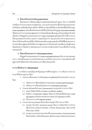 536                                                         Management for Dysphagia Patients

        2. ¢Ñ¹µÍ¹ã¹¤ÍËÍÂ (Pharyngeal phase)
             é
             ¢Ñ¹µÍ¹¢Í§¡ÒÃ¡Å×¹ã¹Ê‹Ç¹¹Õ¶¡¤Çº¤ØÁâ´ÂÊÁÍ§ã¹Ê‹Ç¹¡ŒÒ¹ÊÁÍ§ ã¹ÀÒÇ¡ÒÃ³¡Å×¹·Õè
               é                          é Ù
»¡µÔàÁ×ÍÍÒËÒÃ¼‹Ò¹¨Ò¡ª‹Í§»Ò¡à¢ŒÒÊÙ¤ÍËÍÂ ÃÐºº»ÃÐÊÒ·áÅÐ¡ÅŒÒÁà¹×Íã¹Ê‹Ç¹¢Í§¤ÍËÍÂ¨Ð·íÒ
           è                            ‹                            é
Ë¹ŒÒ·Õà»š¹ÃÐºº·ÕµÍà¹×Í§¡Ñ¹ÍÂ‹Ò§ÁÕ¨§ËÇÐ «Ö§ä´Œá¡‹¡ÒÃ»‡Í§¡Ñ¹äÁ‹ãËŒÍÒËÒÃäËÅÂŒÍ¹¢Ö¹ä»ã¹â¾Ã§¨ÁÙ¡
         è        è ‹ è               Ñ       è                                  é
(nasal regurgitation) ¡ÅŒÒÁà¹×Í¼¹Ñ§¤ÍËÍÂ·íÒË¹ŒÒ·ÕººµÑÇÅÑ¡É³Ð¤ÅŒÒÂÅÙ¡ÊÙº (sequential peristalsis)
                              é                   è Õ
à¾×ÍÊ‹§¼‹Ò¹ÍÒËÒÃ¨Ò¡¤ÍËÍÂÅ§ÊÙËÅÍ´ÍÒËÒÃ ã¹¢³Ð¹Ñ¹¡Å‹Í§àÊÕÂ§¨Ð¶Ù¡Â¡µÑÇáÅÐà¤Å×Í¹ÁÒ¢ŒÒ§Ë¹ŒÒ
   è                              ‹                   é                              è
à¾×Íà»š¹¡ÒÃà»´ËÙÃ´´ŒÒ¹º¹¢Í§ËÅÍ´ÍÒËÒÃ (upper esophageal sphincter) ãËŒ¡ÇŒÒ§¢Ö¹ ÍÒËÒÃ¨Ð
     è                  Ù                                                              é
ä´Œ¼Ò¹Å§ËÅÍ´ÍÒËÒÃ´ŒÇÂ¤ÇÒÁÊÐ´Ç¡ ã¹¢³Ð¡Å×¹ÍÒËÒÃ ÊÁÍ§¨ÐÃÐ§Ñº¡ÒÃ·íÒ§Ò¹¢Í§ÃÐºº·Ò§
       ‹
à´Ô¹ËÒÂã¨ªÑÇ¢³ÐË¹Ö§ Ê‹§¼ÅãËŒÁ¡ÒÃ»´µÑÇ¢Í§ÊÒÂàÊÕÂ§ (vocal cords) »‡Í§¡Ñ¹äÁ‹ãËŒª¹Ê‹Ç¹¢Í§ÍÒËÒÃ
             è            è     Õ                                             Ôé
¼‹Ò¹¡Å‹Í§àÊÕÂ§Å§ÊÙËÅÍ´ÅÁä´Œ àÁ×ÍÍÒËÒÃÅ§ÊÙËÅÍ´ÍÒËÒÃàÃÕÂºÃŒÍÂáÅŒÇ ¡Å‹Í§àÊÕÂ§¨Ð¡ÅÑºÊÙµÒáË¹‹§
                    ‹               è           ‹                                        ‹ í
à´ÔÁ¾ÃŒÍÁ¡Ñº¡ÒÃàÃÔÁµŒ¹·íÒ§Ò¹ãËÁ‹¢Í§ÃÐºº¡ÒÃËÒÂã¨ ÊÒÂàÊÕÂ§¨Ðà»´¡ÇŒÒ§ÍÍ¡à¾×ÍãËŒÍÒ¡ÒÈà¢ŒÒÊÙ‹
                      è                                                            è
ËÅÍ´ÅÁµ‹Íä»
        3. ¢Ñ¹µÍ¹ã¹ËÅÍ´ÍÒËÒÃ (Esophageal phase)
             é
          àÁ×ÍËÙÃ´´ŒÒ¹º¹¢Í§ËÅÍ´ÍÒËÒÃ (upper esophageal sphincter) à»´ ÍÒËÒÃ¼‹Ò¹Å§ËÅÍ´
             è Ù
ÍÒËÒÃ ¡ÅŒÒÁà¹×ÍËÅÍ´ÍÒËÒÃ¨ÐºÕºµÑÇÊ‹§¼‹Ò¹ÍÒËÒÃÅ§ä»ã¹¡ÃÐà¾ÒÐÍÒËÒÃ ã¹¢³Ð¹Ñ¹¡ÅŒÒÁà¹×Í
                é                                                            é       é
ËÙÃ´¨ÐË´µÑÇà¾×Í»‡Í§¡Ñ¹¡ÒÃÂŒÍ¹¡ÅÑº¢Í§ÍÒËÒÃ¢Ö¹ÁÒÂÑ§¤ÍËÍÂÍÕ¡
   Ù          è                            é

ÀÒÇÐ¡Å×¹ÅíÒºÒ¡ (Dysphagia)
       ÀÒÇÐ¡Å×¹ÅíÒºÒ¡à»š¹»˜­ËÒÊíÒ¤Ñ­µ‹Í¤Ø³ÀÒ¾ªÕÇÔµ¢Í§¼ÙŒ»†ÇÂ ÀÒÇÐ¡Å×¹ÅíÒºÒ¡ÊÒÁÒÃ¶
¨íÒá¹¡ä´Œã¹ËÅÒÂÃÙ»áºº ä´Œá¡‹
           1. ¨íÒá¹¡µÒÁ¢Ñ¹µÍ¹¢Í§¡ÒÃ¡Å×¹ (phase of swallowing) «Ö§áº‹§Â‹ÍÂà»š¹ 2 »ÃÐàÀ·
                           é                                        è
ä´Œá¡‹
              1.1. ¡Å×¹ÅíÒºÒ¡¨Ò¡¢Ñ¹µÍ¹ã¹ª‹Í§»Ò¡áÅÐ¤ÍËÍÂ (oropharyngeal dysphagia)
                                     é
              1.2. ¡Å×¹ÅíÒºÒ¡¨Ò¡¢Ñ¹µÍ¹ã¹ËÅÍ´ÍÒËÒÃ (esophageal dysphagia)
                                       é
           2. ¨íÒá¹¡µÒÁÅÑ¡É³Ð·ÕµÃÇ¨¾º (characteristics) áº‹§Â‹ÍÂà»š¹ 3 »ÃÐàÀ· ä´Œá¡‹
                                   è
              2.1. Í‹Í¹áÃ§äÁ‹Á»ÃÐÊÔ·¸ÔÀÒ¾ (weak or ineffective swallow)
                                Õ
              2.2. ¼Ô´·ÔÈ·Ò§ (misdirected swallow) ä´Œá¡‹ÍÒËÒÃäËÅÂŒÍ¹¢Ö¹â¾Ã§¨ÁÙ¡ (nasal
                                                                           é
                   regurgitation) ËÃ×Íà¡Ô´¡ÒÃÊíÒÅÑ¡Å§·Ò§à´Ô¹ËÒÂã¨ (aspiration) à»š¹µŒ¹
              2.3. ãªŒàÇÅÒÁÒ¡¡Ç‹Ò»¡µÔ (delayed swallow)
           3. ¨íÒá¹¡µÒÁÊÒàËµØ (causes) «Ö§áº‹§à»š¹ÊÒàËµØËÅÑ¡æä´Œ 3 »ÃÐàÀ· ä´Œá¡‹
                                            è
              3.1. ÊÒàËµØ·Ò§â¤Ã§ÊÃŒÒ§ (structural causes) ä´Œá¡‹ ¤ÇÒÁ¼Ô´»¡µÔ·Ò§¡ÒÂÇÔÀÒ¤
                   à¹×Í§Í¡¢Í§·Ò§à´Ô¹ÍÒËÒÃÊ‹Ç¹µŒ¹ ¡ÒÃÍÑ¡àÊº ÊÔ§á»Å¡»ÅÍÁ ËÅÑ§¡ÒÃ¼‹ÒµÑ´
                      é                                          è
                   ËÃ×Í©ÒÂáÊ§ à»š¹µŒ¹
              3.2. ÊÒàËµØ·Ò§ÃÐºº»ÃÐÊÒ·áÅÐ¡ÅŒÒÁà¹×Í (neuromuscular or functional causes)
                                                      é
                   ä´Œá¡‹âÃ¤ËÃ×ÍÀÒÇÐ¼Ô´»¡µÔ¢Í§ÊÁÍ§ àÊŒ¹»ÃÐÊÒ·ÊÁÍ§ àÊŒ¹»ÃÐÊÒ·Ê‹Ç¹»ÅÒÂ
 