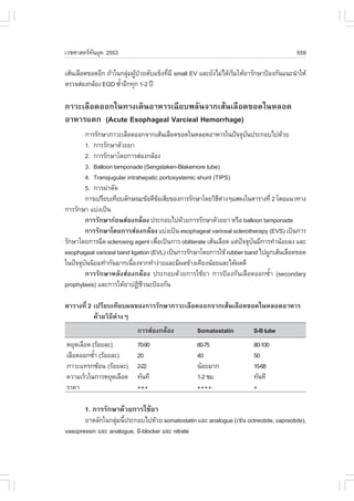 àÇªÈÒÊµÃ·¹ÂØ¤ 2553
          Ñ                                                                              559

àÊŒ¹àÅ×Í´¢Í´ÍÕ¡ ¶ŒÒã¹¡ÅØÁ¼Ù»ÇÂµÑºá¢ç§·ÕÁÕ small EV áÅÐÂÑ§äÁ‹ä´ŒàÃÔÁãËŒÂÒÃÑ¡ÉÒ»‡Í§¡Ñ¹á¹Ð¹íÒãËŒ
                        ‹ Œ †          è                          è
µÃÇ¨Ê‹Í§¡ÅŒÍ§ EGD «éÒÍÕ¡·Ø¡ 1-2 »‚
                     í

ÀÒÇÐàÅ×Í´ÍÍ¡ã¹·Ò§à´Ô¹ÍÒËÒÃà©ÕÂº¾ÅÑ¹¨Ò¡àÊŒ¹àÅ×Í´¢Í´ã¹ËÅÍ´
ÍÒËÒÃáµ¡ (Acute Esophageal Varcieal Hemorrhage)
        ¡ÒÃÃÑ¡ÉÒÀÒÇÐàÅ×Í´ÍÍ¡¨Ò¡àÊŒ¹àÅ×Í´¢Í´ã¹ËÅÍ´ÍÒËÒÃã¹»˜¨¨Øº¹»ÃÐ¡Íºä»´ŒÇÂ
                                                                      Ñ
        1. ¡ÒÃÃÑ¡ÉÒ´ŒÇÂÂÒ
        2. ¡ÒÃÃÑ¡ÉÒâ´Â¡ÒÃÊ‹Í§¡ÅŒÍ§
        3. Balloon tamponade (Sengstaken-Blakemore tube)
        4. Transjugular intrahepatic portosystemic shunt (TIPS)
        5. ¡ÒÃ¼‹ÒµÑ´
        ¡ÒÃà»ÃÕÂºà·ÕÂºÅÑ¡É³Ð¢ŒÍ´Õ¢ÍàÊÕÂ¢Í§¡ÒÃÃÑ¡ÉÒâ´ÂÇÔ¸µÒ§æáÊ´§ã¹µÒÃÒ§·Õè 2 â´Âá¹Ç·Ò§
                                      Œ                     Õ ‹
¡ÒÃÃÑ¡ÉÒ áº‹§à»š¹
        ¡ÒÃÃÑ¡ÉÒ¡‹Í¹Ê‹Í§¡ÅŒÍ§ »ÃÐ¡Íºä»´ŒÇÂ¡ÒÃÃÑ¡ÉÒ´ŒÇÂÂÒ ËÃ×Í balloon tamponade
        ¡ÒÃÃÑ¡ÉÒâ´Â¡ÒÃÊ‹Í§¡ÅŒÍ§ áº‹§à»š¹ esophageal variceal sclerotherapy (EVS) à»š¹¡ÒÃ
ÃÑ¡ÉÒâ´Â¡ÒÃ©Õ´ sclerosing agent à¾×Íà»š¹¡ÒÃ obliterate àÊŒ¹àÅ×Í´ áµ‹»¨¨Øº¹ÁÕ¡ÒÃ·íÒ¹ŒÍÂÅ§ áÅÐ
                                    è                                ˜ Ñ
esophageal variceal band ligation (EVL) à»š¹¡ÒÃÃÑ¡ÉÒâ´Â¡ÒÃãªŒ rubber band ä»¼Ù¡àÊŒ¹àÅ×Í´¢Í´
ã¹»˜¨¨Øº¹¹ÔÂÁ·íÒ¡Ñ¹ÁÒ¡à¹×Í§¨Ò¡·íÒ§‹ÒÂáÅÐÁÕ¼Å¢ŒÒ§à¤ÕÂ§¹ŒÍÂáÅÐä´Œ¼Å´Õ
        Ñ                 è
        ¡ÒÃÃÑ¡ÉÒËÅÑ§Ê‹Í§¡ÅŒÍ§ »ÃÐ¡Íº´ŒÇÂ¡ÒÃãªŒÂÒ ¡ÒÃ»‡Í§¡Ñ¹àÅ×Í´ÍÍ¡«éíÒ (secondary
prophylaxis) áÅÐ¡ÒÃãËŒÂÒ»¯ÔªÇ¹Ð»‡Í§¡Ñ¹
                               Õ

µÒÃÒ§·Õè 2 à»ÃÕÂºà·ÕÂº¼Å¢Í§¡ÒÃÃÑ¡ÉÒÀÒÇÐàÅ×Í´ÍÍ¡¨Ò¡àÊŒ¹àÅ×Í´¢Í´ã¹ËÅÍ´ÍÒËÒÃ
           ´ŒÇÂÇÔ¸Õµ‹Ò§æ
                           ¡ÒÃÊ‹Í§¡ÅŒÍ§            Somatostatin         S-B tube
ËÂØ´àÅ×Í´ (ÃŒÍÂÅÐ)         70-90                   60-75                80-100
àÅ×Í´ÍÍ¡«éÒ (ÃŒÍÂÅÐ)
           í               20                      40                   50
ÀÒÇÐá·Ã¡«ŒÍ¹ (ÃŒÍÂÅÐ)      2-22                    ¹ŒÍÂÁÒ¡              15-68
¤ÇÒÁàÃçÇã¹¡ÒÃËÂØ´àÅ×Í´     ·Ñ¹·Õ                   1-2 ªÁ.              ·Ñ¹·Õ
ÃÒ¤Ò                       +++                     ++++                 +

       1. ¡ÒÃÃÑ¡ÉÒ´ŒÇÂ¡ÒÃãªŒÂÒ
       ÂÒËÅÑ¡ã¹¡ÅØÁ¹Õ»ÃÐ¡Íºä»´ŒÇÂ somatostatin áÅÐ analogue (àª‹¹ octreotide, vapreotide),
                  ‹ é
vasopressin áÅÐ analogue, ß-blocker áÅÐ nitrate
 