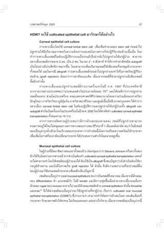 àÇªÈÒÊµÃ·¹ÂØ¤ 2553
          Ñ                                                                                        37

HOW? ¨ÐãªŒ cultivated epithelial cell ÁÒÃÑ¡ÉÒä´ŒÍÂ‹Ò§äÃ
        Corneal epithelial cell culture
                ¡ÒÃà¾ÒÐàÅÕÂ§â´ÂãªŒ corneal limbal stem cell à¾×Íà¾ÔÁ¨íÒ¹Ç¹¢Í§ stem cell ¡‹Í¹¹íÒä»
                              é                                      è è
»ÅÙ¡¶‹ÒÂãËŒÁÕ»ÃÔÁÒ³ÁÒ¡¾Í¡Ñº¤ÇÒÁµŒÍ§¡ÒÃáÅÐÅ´âÍ¡ÒÊ¡ÒÃà¡Ô´»¯Ô¡ÔÃÔÂÒµ‹ÍµŒÒ¹à¹×éÍàÂ×èÍ â´Â
·íÒ¡ÒÃà¾ÒÐàÅÕÂ§à«ÅÅã¹ËŒÍ§»¯Ôºµ¡ÒÃº¹àÂ×ÍÃ¡áÅŒÇ¨Ö§¹íÒ¡ÅÑºä»»ÅÙ¡¶‹ÒÂãËŒá¡‹¼»ÇÂ ÊÒÁÒÃ¶
                      é                  Ñ Ô      è                                        ÙŒ †
à¾ÒÐàÅÕÂ§à«ÅÅ¨Ò¡¢¹Ò´ 2 ÁÁ. à»š¹ 2 «Á. ã¹àÇÅÒ 2 - 4 ÊÑ»´ÒË ·íÒãËŒ¡ÒÃ·íÒ¼‹ÒµÑ´ª¹Ô´ autograft
            é
à»š¹ä»ÍÂ‹Ò§ÁÕ»ÃÐÊÔ·¸ÔÀÒ¾ÁÒ¡¢Ö¹ â´ÂÊÒÁÒÃ¶à¾ÔÁ»ÃÔÁÒ³à«ÅÅãËŒà¾ÕÂ§¾Í·Õ¨Ð¤ÅØÁ¼ÔÇ¡ÃÐ¨¡µÒ
                                       é                 è                               è
·Ñ§ËÁ´ä´Œ áÅÐã¹¡Ã³Õ allograft ¡ÒÃà¾ÒÐàÅÕÂ§à«ÅÅ¡Í¹¹íÒä»»ÅÙ¡¶‹ÒÂ¨Ð·íÒãËŒâÍ¡ÒÊà¡Ô´»¯Ô¡ÃÂÒ
    é                                           é           ‹                                       ÔÔ
µ‹ÍµŒÒ¹ (graft rejection) ¹ŒÍÂ¡Ç‹Ò¡ÒÃ¼‹ÒµÑ´áººà´ÔÁ à¹×Í§¨Ò¡à«ÅÅ·¹ÒÁÒ»ÅÙ¡¶‹ÒÂÁÕà¾ÕÂ§à«ÅÅ
                                                                 è             Õè í
ªÑ¹¼ÔÇà·‹Ò¹Ñ¹
  é               é
                ¡ÒÃà¾ÒÐàÅÕéÂ§áÅÐ»ÅÙ¡¶‹ÒÂà«ÅÅÁÕÃÒÂ§Ò¹¤ÃÑé§áÃ¡ã¹»‚ ¤.È. 1997 ·Õè»ÃÐà·ÈÍÔµÒÅÕ
¨Ò¡ÃÒÂ§Ò¹µ‹Ò§»ÃÐà·È¾ºÇ‹Ò»ÃÐÊº¼ÅÊíÒàÃç¨»ÃÐÁÒ³ÃŒÍÂÅÐ 75(5) áÅÐãËŒ¼Å´Õ¡Ç‹Ò¡ÒÃ»ÅÙ¡¶‹ÒÂ
à«ÅÅâ´ÂµÃ§ Ê‹Ç¹ã¹»ÃÐà·Èä·Â ¤³Ðá¾·ÂÈÒÊµÃÈÃÃÒª¾ÂÒºÒÅâ´Â¤ÇÒÁÃ‹ÇÁÁ×Í¢Í§ÀÒ¤ÇÔªÒ
                                                              ÔÔ
¨Ñ¡ÉØÇ·ÂÒ ÀÒ¤ÇÔªÒÇÔ·ÂÒÀÙÁ¤Á¡Ñ¹ ÀÒ¤ÇÔªÒ¾ÂÒ¸ÔÇ·ÂÒ áÅÐÈÙ¹Âà¹×ÍàÂ×ÍªÕÇÀÒ¾¡ÃØ§à·¾Ï ä´Œ·Ò¡ÒÃ
        Ô                         Ô ØŒ                Ô                    é è                    í
à¾ÒÐàÅÕÂ§ corneal limbal stem cell ã¹ËŒÍ§»®Ôºµ¡ÒÃáÅÐ»ÅÙ¡¶‹ÒÂãËŒá¡‹¼»ÇÂ·Ñ§ allograft áÅÐ
              é                                         Ñ Ô                         ÙŒ † é
autograft ÊíÒàÃç¨à»š¹¤ÃÑ§áÃ¡ã¹»ÃÐà·Èä·Âã¹»‚ ¾.È. 2550 â´Âä´Œ¼ÒµÑ´·íÒ cultivated corneal epithelial
                                é                                        ‹
transplantation ·Ñ§ËÁ´ÃÇÁ 14 ÃÒÂ
                            é
                ¨Ò¡¡ÒÃµÃÇ¨µÔ´µÒÁ¼ÙŒ»†ÇÂ¾ºÇ‹ÒÁÕ¡ÒÃÍÑ¡àÊº¢Í§µÒÅ´Å§ à«ÅÅ·Õè»ÅÙ¡¶‹ÒÂÊÒÁÒÃ¶
¤§ÊÀÒ¾ÍÂÙä´Œâ´ÂäÁ‹ËÅØ´ÅÍ¡ ¼Å¡ÒÃµÃÇ¨ÊÍº·Ò§¾ÂÒ¸ÔÇ·ÂÒ·Õè 1 à´×Í¹ËÅÑ§¼‹ÒµÑ´ ¾ºÇ‹ÒäÁ‹Áà«ÅÅ
                    ‹                                              Ô                            Õ
¢Í§àÂ×ÍºØµÒÃØ¡ÅéÒà¢ŒÒÁÒã¹ºÃÔàÇ³¢Í§¡ÃÐ¨¡µÒ ¡ÒÃ·íÒàª‹¹¹Õà»š¹¡ÒÃàµÃÕÂÁ¤ÇÒÁ¾ÃŒÍÁãËŒ¡ÃÐ¨¡µÒ
          è             í                                             é
à¾×Íà¾ÔÁâÍ¡ÒÊ·Õ¨Ð¼‹ÒµÑ´à»ÅÕÂ¹¡ÃÐ¨¡µÒãËŒ»ÃÐÊº¤ÇÒÁÊíÒàÃç¨ã¹Í¹Ò¤µÊÙ§¢Ö¹
      è è                 è         è                                                  é

        Mucosal epithelial cell culture
           ã¹¼Ù»ÇÂ·ÕÁ¾ÂÒ¸ÔÊÀÒ¾¢Í§µÒ·Ñ§ÊÍ§¢ŒÒ§ àª‹¹¡ÅØÁÍÒ¡ÒÃ Stevens Johnson ËÃ×ÍµÒ·Ñ§ÊÍ§
                Œ † è Õ                    é              ‹                                  é
¢ŒÒ§ä´ŒÃºÍÑ¹µÃÒÂ¨Ò¡ÊÒÃà¤ÁÕ ËÒ¡¨íÒà»š¹µŒÍ§·íÒ cultivated corneal epithelial transplantation á¾·Â
         Ñ
¨ÐäÁ‹ÊÒÁÒÃ¶·íÒâ´ÂãªŒà«ÅÅ¢Í§¼Ù»ÇÂàÍ§ä´Œ µŒÍ§ãªŒà»š¹ allograft «Ö§¾º»˜­ËÒÇ‹ÒÂÑ§¨íÒà»š¹µŒÍ§ãªŒÂÒ
                                   Œ †                             è
¡´ÀÙÁµÒ¹·Ò¹ áÅÐÂÑ§ÁÕâÍ¡ÒÊà¡Ô´ graft rejection ä´Œ ´Ñ§¹Ñ¹ ¨Ö§ÁÕ¤ÇÒÁ¾ÂÒÂÒÁ·Õ¨Ð¹íÒà«ÅÅÍ¹
      Ô Œ                                                     é                    è             ×è
¢Í§¼Ù»ÇÂÁÒãªŒá·¹à«ÅÅ¡ÃÐ¨¡µÒà¾×ÍËÅÕ¡àÅÕÂ§»˜­ËÒ¹Õé
     Œ †                               è         è
           à«ÅÅ¢Í§àÂ×ÍºØ»Ò¡ (oral mucosal epithelium) ¾ºÇ‹Òà»š¹à«ÅÅ·àËÁÒÐÊÁ à¹×Í§¨Ò¡ÁÕÅ¡É³Ð
                       è                                              Õè         è         Ñ
¢Í§ differentiation µèÒ áº‹§à«ÅÅàÃçÇ äÁ‹ÁÕ keratin áÅÐÁÕ¤ÇÒÁªØÁª×¹àÁ×Í¹íÒÁÒà¾ÒÐàÅÕÂ§º¹àÂ×ÍÃ¡
                         í                                       ‹ é è               é         è
ÅÑ¡É³Ð rugae ¢Í§ mucosa ¨ÐËÒÂä» áÅÐÁÕÅ¡É³Ðà«ÅÅ¤ÅŒÒÂ corneal epithelium ´Ñ§¹Ñ¹ Kinoshita
                                               Ñ                                       é
áÅÐ¤³Ð ¨Ö§ä´Œ¹Òà«ÅÅ¢Í§àÂ×ÍºØ»Ò¡ÁÒãªŒ»ÅÙ¡¶‹ÒÂ·ÕµÒ¼Ù»ÇÂ àÃÕÂ¡Ç‹Ò cultivated oral mucosal
            (6)
                     í           è                      è Œ †
epithelial transplantation (COMET) «Ö§ÃÒÂ§Ò¹Ç‹Ò ÊÒÁÒÃ¶·íÒãËŒÅ´¡ÒÃÍÑ¡àÊºã¹µÒ Å´àÊŒ¹àÅ×Í´·Õè
                                         è
¡ÃÐ¨¡µÒ ÃÑ¡ÉÒÊÀÒ¾¼ÔÇãËŒ¤§·¹ äÁ‹à¡Ô´á¼Å¶ÅÍ¡ áµ‹ÍÂ‹Ò§äÃ¡çµÒÁ à¹×Í§¨Ò¡à«ÅÅ¢Í§àÂ×ÍºØ»Ò¡¹Õé
                                                                         è               è
 