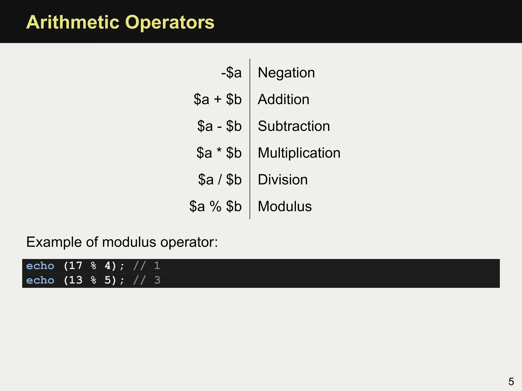 Arithmetic Operators

                               -$a   Negation
                        $a + $b      Addition
                        $a - $b      Subtraction
                        $a * $b      Multiplication
                         $a / $b     Division
                       $a % $b       Modulus

Example of modulus operator:
echo (17 % 4); // 1
echo (13 % 5); // 3




                                                      5
 
