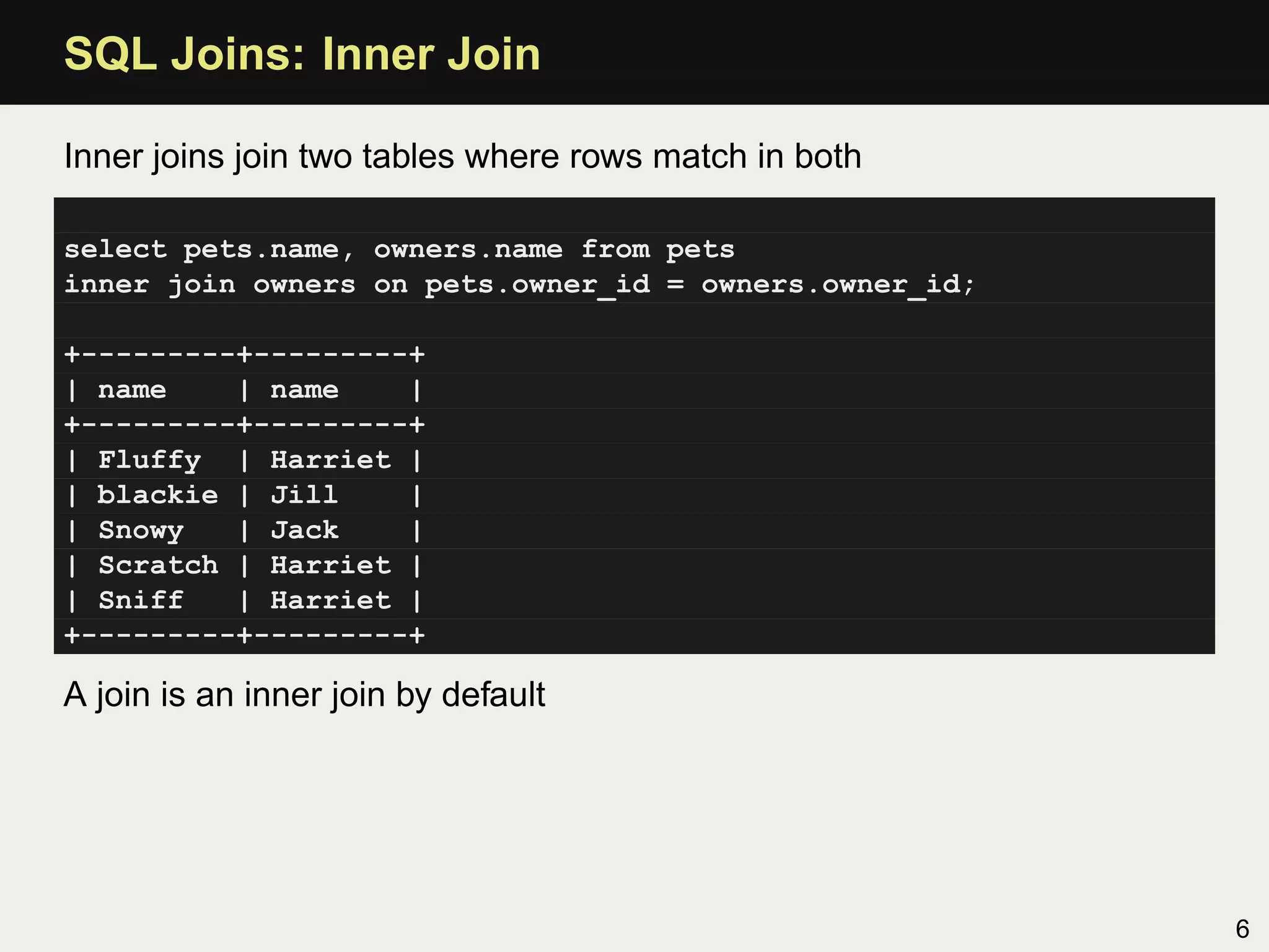 SQL Joins: Inner Join

Inner joins join two tables where rows match in both

select pets.name, owners.name from pets
inner join owners on pets.owner_id = owners.owner_id;

+---------+---------+
| name    | name    |
+---------+---------+
| Fluffy | Harriet |
| blackie | Jill    |
| Snowy   | Jack    |
| Scratch | Harriet |
| Sniff   | Harriet |
+---------+---------+

A join is an inner join by default




                                                        6
 