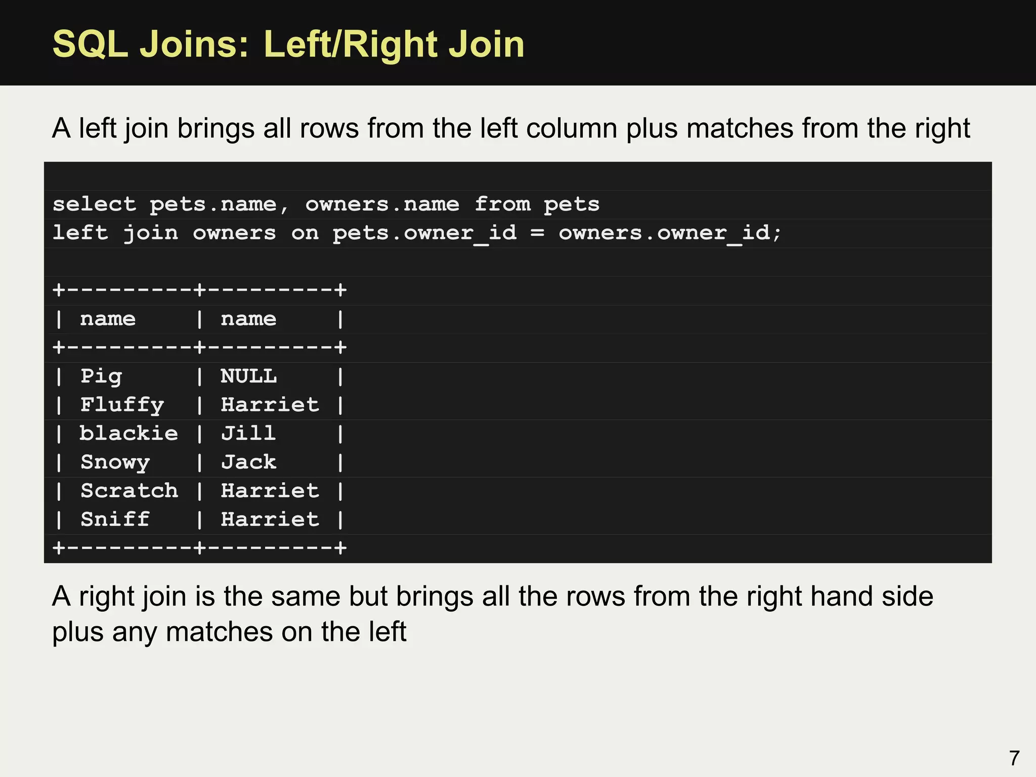 SQL Joins: Left/Right Join

A left join brings all rows from the left column plus matches from the right

select pets.name, owners.name from pets
left join owners on pets.owner_id = owners.owner_id;

+---------+---------+
| name    | name    |
+---------+---------+
| Pig     | NULL    |
| Fluffy | Harriet |
| blackie | Jill    |
| Snowy   | Jack    |
| Scratch | Harriet |
| Sniff   | Harriet |
+---------+---------+

A right join is the same but brings all the rows from the right hand side
plus any matches on the left



                                                                               7
 