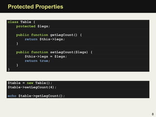 Protected Properties

class Table {
    protected $legs;

    public function getLegCount() {
        return $this->legs;
    }

    public function setLegCount($legs) {
        $this->legs = $legs;
        return true;
    }
}


$table = new Table();
$table->setLegCount(4);

echo $table->getLegCount();




                                           8
 