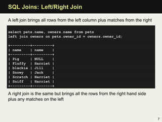 SQL Joins: Left/Right Join

A left join brings all rows from the left column plus matches from the right

select pets.name, owners.name from pets
left join owners on pets.owner_id = owners.owner_id;

+---------+---------+
| name    | name    |
+---------+---------+
| Pig     | NULL    |
| Fluffy | Harriet |
| blackie | Jill    |
| Snowy   | Jack    |
| Scratch | Harriet |
| Sniff   | Harriet |
+---------+---------+

A right join is the same but brings all the rows from the right hand side
plus any matches on the left



                                                                               7
 