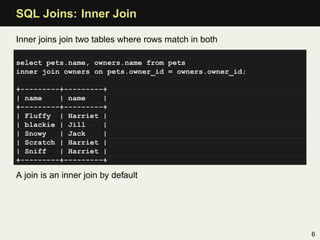 SQL Joins: Inner Join

Inner joins join two tables where rows match in both

select pets.name, owners.name from pets
inner...