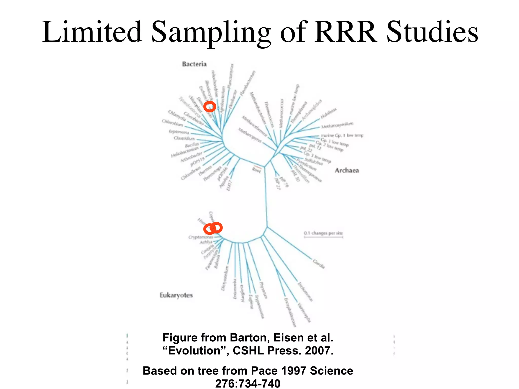 Limited Sampling of RRR Studies




          Figure from Barton, Eisen et al.
          “Evolution”, CSHL Press. 2007.
       Based on tree from Pace 1997 Science
                   276:734-740
 