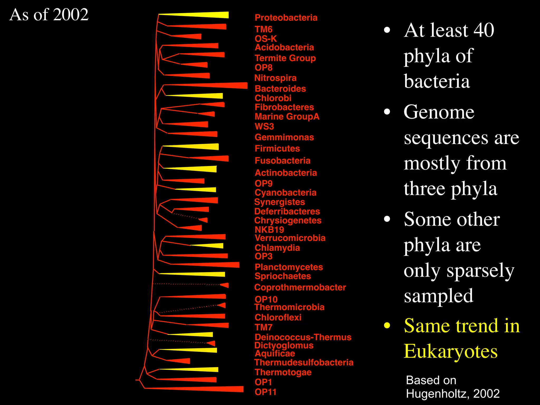 As of 2002   Proteobacteria
             TM6
             OS-K
                                     • At least 40
             Acidobacteria
             Termite Group
             OP8
                                       phyla of
             Nitrospira
             Bacteroides               bacteria
             Chlorobi
             Fibrobacteres
             Marine GroupA           • Genome
             WS3
             Gemmimonas
             Firmicutes
                                       sequences are
             Fusobacteria
             Actinobacteria
                                       mostly from
             OP9
             Cyanobacteria
             Synergistes
                                       three phyla
             Deferribacteres
             Chrysiogenetes
             NKB19
                                     • Some other
             Verrucomicrobia
             Chlamydia
             OP3
                                       phyla are
             Planctomycetes
             Spriochaetes              only sparsely
             Coprothmermobacter
             OP10
             Thermomicrobia
                                       sampled
             Chloroﬂexi
             TM7
             Deinococcus-Thermus
                                     • Same trend in
             Dictyoglomus
             Aquiﬁcae
             Thermudesulfobacteria
                                       Eukaryotes
             Thermotogae
             OP1                       Based on
             OP11                      Hugenholtz, 2002
 