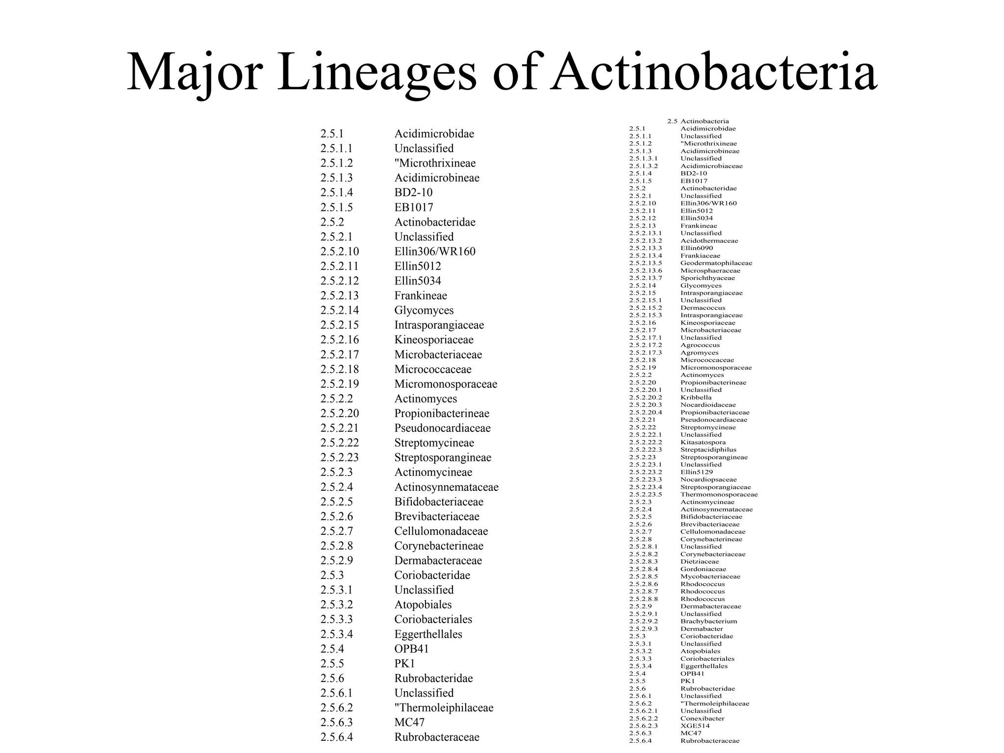 Major Lineages of Actinobacteria
                                                      2.5 Actinobacteria
                                         2.5.1            Acidimicrobidae
        2.5.1      Acidimicrobidae       2.5.1.1          Unclassified
                                         2.5.1.2          "Microthrixineae
        2.5.1.1    Unclassified          2.5.1.3          Acidimicrobineae
                                         2.5.1.3.1        Unclassified
        2.5.1.2    "Microthrixineae      2.5.1.3.2        Acidimicrobiaceae
                                         2.5.1.4          BD2-10
        2.5.1.3    Acidimicrobineae      2.5.1.5          EB1017
                                         2.5.2            Actinobacteridae
        2.5.1.4    BD2-10                2.5.2.1          Unclassified
                                         2.5.2.10         Ellin306/WR160
        2.5.1.5    EB1017                2.5.2.11         Ellin5012
                                         2.5.2.12         Ellin5034
        2.5.2      Actinobacteridae      2.5.2.13         Frankineae
                                         2.5.2.13.1       Unclassified
        2.5.2.1    Unclassified          2.5.2.13.2       Acidothermaceae

        2.5.2.10   Ellin306/WR160        2.5.2.13.3
                                         2.5.2.13.4
                                                          Ellin6090
                                                          Frankiaceae

        2.5.2.11   Ellin5012             2.5.2.13.5
                                         2.5.2.13.6
                                                          Geodermatophilaceae
                                                          Microsphaeraceae

        2.5.2.12   Ellin5034             2.5.2.13.7
                                         2.5.2.14
                                                          Sporichthyaceae
                                                          Glycomyces
        2.5.2.13   Frankineae            2.5.2.15
                                         2.5.2.15.1
                                                          Intrasporangiaceae
                                                          Unclassified
        2.5.2.14   Glycomyces            2.5.2.15.2
                                         2.5.2.15.3
                                                          Dermacoccus
                                                          Intrasporangiaceae
        2.5.2.15   Intrasporangiaceae    2.5.2.16
                                         2.5.2.17
                                                          Kineosporiaceae
                                                          Microbacteriaceae
        2.5.2.16   Kineosporiaceae       2.5.2.17.1
                                         2.5.2.17.2
                                                          Unclassified
                                                          Agrococcus
        2.5.2.17   Microbacteriaceae     2.5.2.17.3
                                         2.5.2.18
                                                          Agromyces
                                                          Micrococcaceae
        2.5.2.18   Micrococcaceae        2.5.2.19
                                         2.5.2.2
                                                          Micromonosporaceae
                                                          Actinomyces
        2.5.2.19   Micromonosporaceae    2.5.2.20
                                         2.5.2.20.1
                                                          Propionibacterineae
                                                          Unclassified
        2.5.2.2    Actinomyces           2.5.2.20.2
                                         2.5.2.20.3
                                                          Kribbella
                                                          Nocardioidaceae
        2.5.2.20   Propionibacterineae   2.5.2.20.4
                                         2.5.2.21
                                                          Propionibacteriaceae
                                                          Pseudonocardiaceae
        2.5.2.21   Pseudonocardiaceae    2.5.2.22
                                         2.5.2.22.1
                                                          Streptomycineae
                                                          Unclassified
        2.5.2.22   Streptomycineae       2.5.2.22.2
                                         2.5.2.22.3
                                                          Kitasatospora
                                                          Streptacidiphilus
        2.5.2.23   Streptosporangineae   2.5.2.23
                                         2.5.2.23.1
                                                          Streptosporangineae
                                                          Unclassified
        2.5.2.3    Actinomycineae        2.5.2.23.2
                                         2.5.2.23.3
                                                          Ellin5129
                                                          Nocardiopsaceae
        2.5.2.4    Actinosynnemataceae   2.5.2.23.4
                                         2.5.2.23.5
                                                          Streptosporangiaceae
                                                          Thermomonosporaceae
        2.5.2.5    Bifidobacteriaceae    2.5.2.3          Actinomycineae
                                         2.5.2.4          Actinosynnemataceae
        2.5.2.6    Brevibacteriaceae     2.5.2.5          Bifidobacteriaceae
                                         2.5.2.6          Brevibacteriaceae
        2.5.2.7    Cellulomonadaceae     2.5.2.7          Cellulomonadaceae
                                         2.5.2.8          Corynebacterineae
        2.5.2.8    Corynebacterineae     2.5.2.8.1        Unclassified
                                         2.5.2.8.2        Corynebacteriaceae
        2.5.2.9    Dermabacteraceae      2.5.2.8.3        Dietziaceae
                                         2.5.2.8.4        Gordoniaceae
        2.5.3      Coriobacteridae       2.5.2.8.5        Mycobacteriaceae
                                         2.5.2.8.6        Rhodococcus
        2.5.3.1    Unclassified          2.5.2.8.7        Rhodococcus
                                         2.5.2.8.8        Rhodococcus
        2.5.3.2    Atopobiales           2.5.2.9          Dermabacteraceae
                                         2.5.2.9.1        Unclassified
        2.5.3.3    Coriobacteriales      2.5.2.9.2        Brachybacterium
                                         2.5.2.9.3        Dermabacter
        2.5.3.4    Eggerthellales        2.5.3            Coriobacteridae
                                         2.5.3.1          Unclassified
        2.5.4      OPB41                 2.5.3.2          Atopobiales
                                         2.5.3.3          Coriobacteriales
        2.5.5      PK1                   2.5.3.4          Eggerthellales
                                         2.5.4            OPB41
        2.5.6      Rubrobacteridae       2.5.5            PK1
                                         2.5.6            Rubrobacteridae
        2.5.6.1    Unclassified          2.5.6.1          Unclassified
                                         2.5.6.2          "Thermoleiphilaceae
        2.5.6.2    "Thermoleiphilaceae   2.5.6.2.1        Unclassified
                                         2.5.6.2.2        Conexibacter
        2.5.6.3    MC47                  2.5.6.2.3        XGE514
                                         2.5.6.3          MC47
        2.5.6.4    Rubrobacteraceae      2.5.6.4          Rubrobacteraceae
 