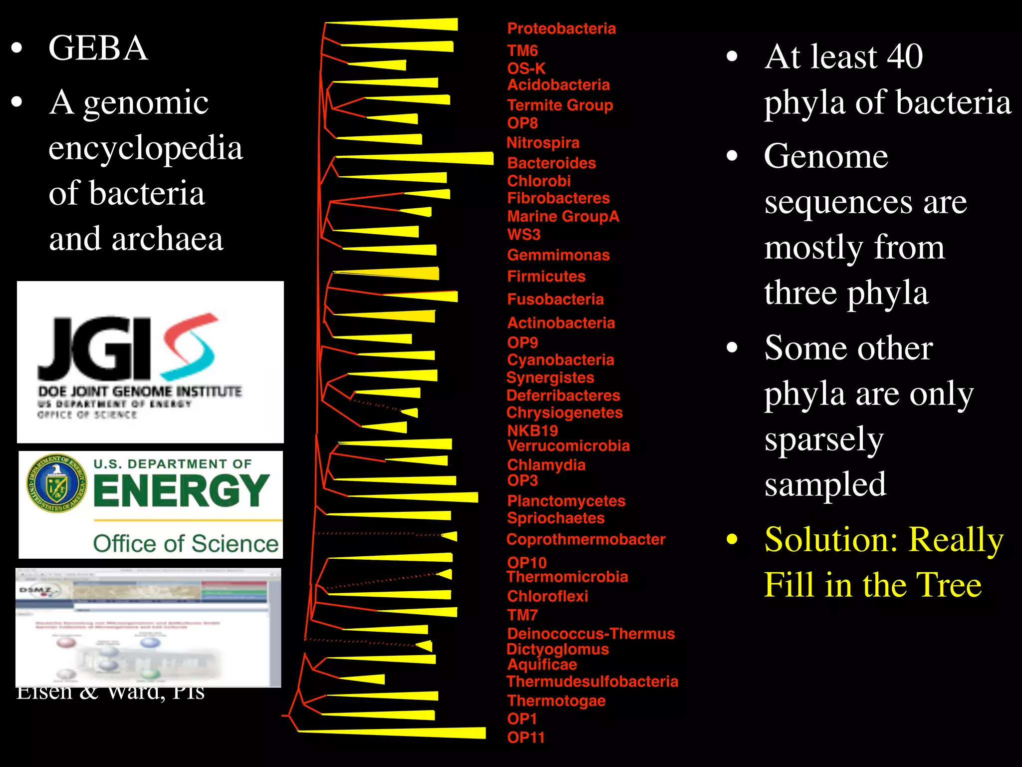 Proteobacteria
• GEBA              TM6
                    OS-K                    • At least 40
                    Acidobacteria
• A genomic         Termite Group
                    OP8
                                              phyla of bacteria
  encyclopedia      Nitrospira
                    Bacteroides             • Genome
                    Chlorobi
  of bacteria       Fibrobacteres
                    Marine GroupA
                                              sequences are
  and archaea       WS3
                    Gemmimonas                mostly from
                    Firmicutes
                    Fusobacteria              three phyla
                    Actinobacteria
                    OP9
                    Cyanobacteria           • Some other
                    Synergistes
                    Deferribacteres
                    Chrysiogenetes
                                              phyla are only
                    NKB19
                    Verrucomicrobia           sparsely
                    Chlamydia
                    OP3
                    Planctomycetes
                                              sampled
                    Spriochaetes
                    Coprothmermobacter
                    OP10
                                            • Solution: Really
                    Thermomicrobia
                    Chloroﬂexi                Fill in the Tree
                    TM7
                    Deinococcus-Thermus
                    Dictyoglomus
                    Aquiﬁcae
                    Thermudesulfobacteria
Eisen & Ward, PIs   Thermotogae
                    OP1
                    OP11
 