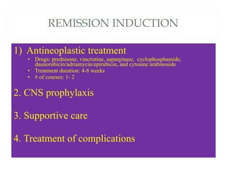 REMISSION INDUCTION <ul><li>Anti neop lastic treatment </li></ul><ul><ul><ul><li>Drugs: prednisone, vincristine, aspargina...