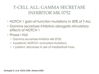 T-CELL ALL: GAMMA SECRETASE INHIBITOR MK 0752 <ul><li>NOTCH 1 gain-of-function mutations in 50% of T-ALL </li></ul><ul><li...