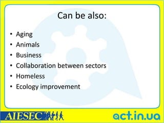 Can be also:
•   Aging
•   Animals
•   Business
•   Collaboration between sectors
•   Homeless
•   Ecology improvement
 